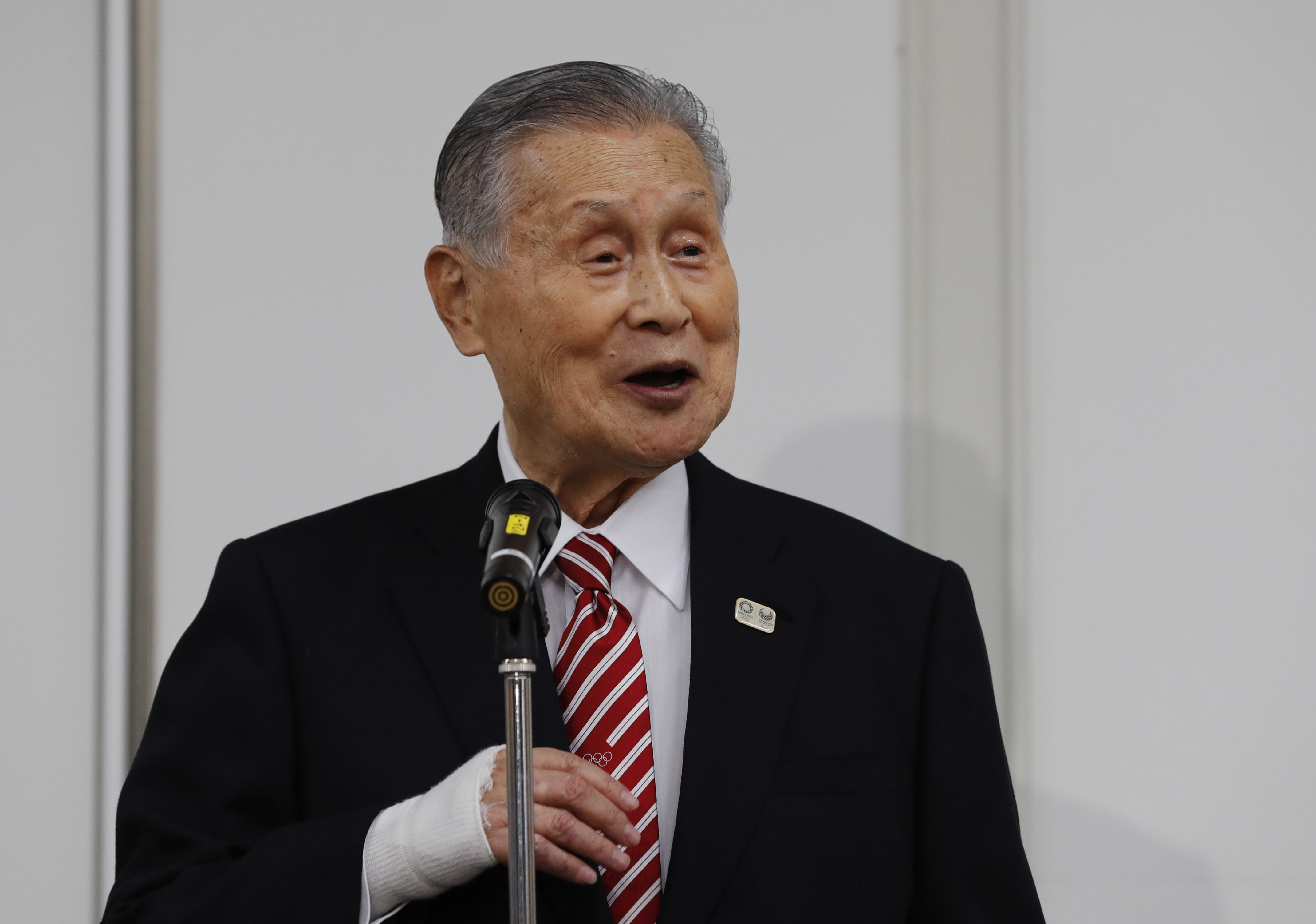 Tokyo Olympics Organizing Committee President Yoshiro Mori attends a press conference on February 4, 2021 in Tokyo, Japan. Former Prime Minister Mori said at an extraordinary meeting of the Japan Olympic Committee Council that 'competitive' women prolong meetings. Mori denied to step down and retract the remarks.