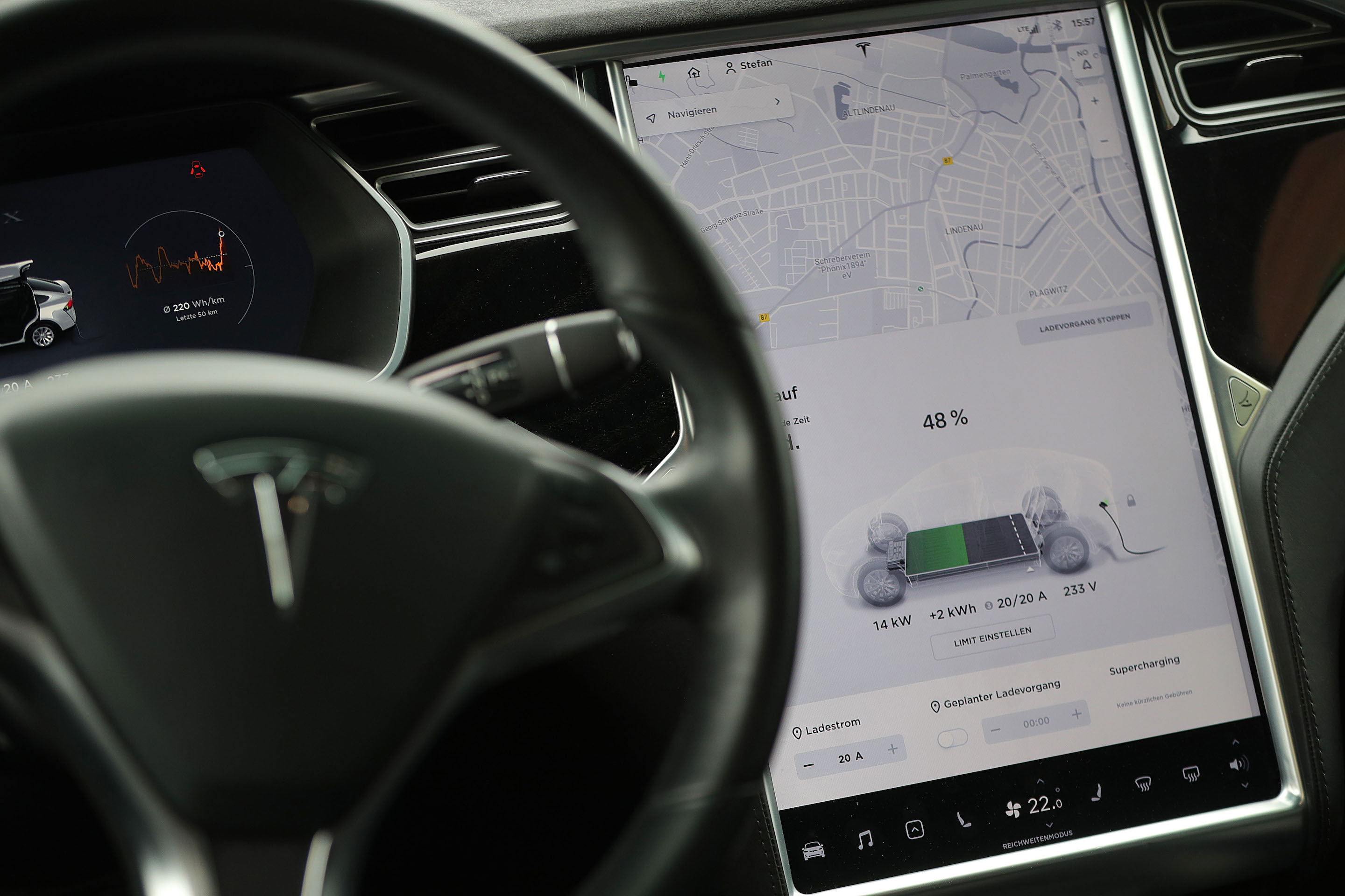 A touch-screen dashboard monitor inside a Tesla Model X.