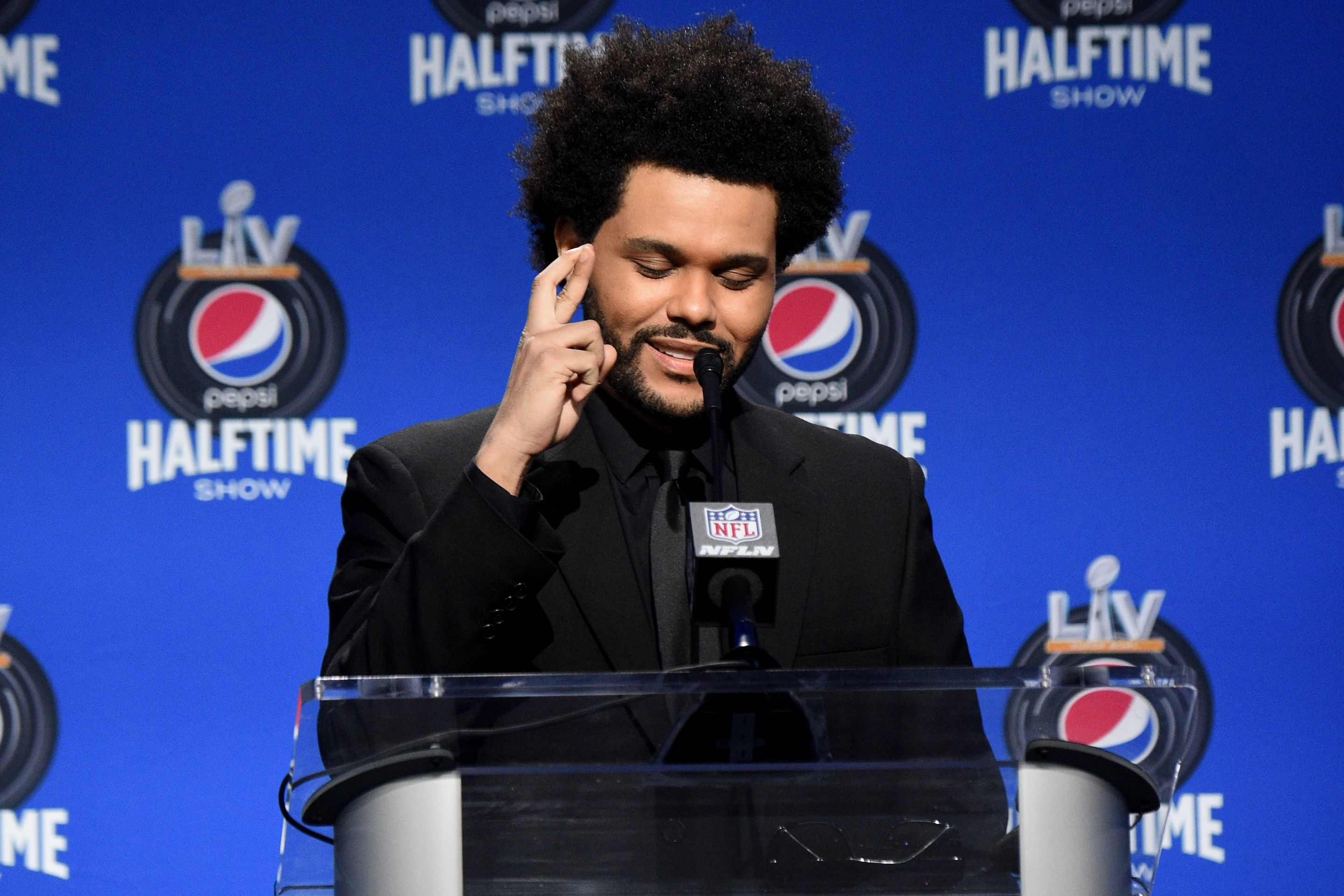The Weeknd speaks during the Pepsi Super Bowl LV Halftime Show Press Conference at Tampa Convention Center on Feb. 4, 2021 in Tampa, Fla.