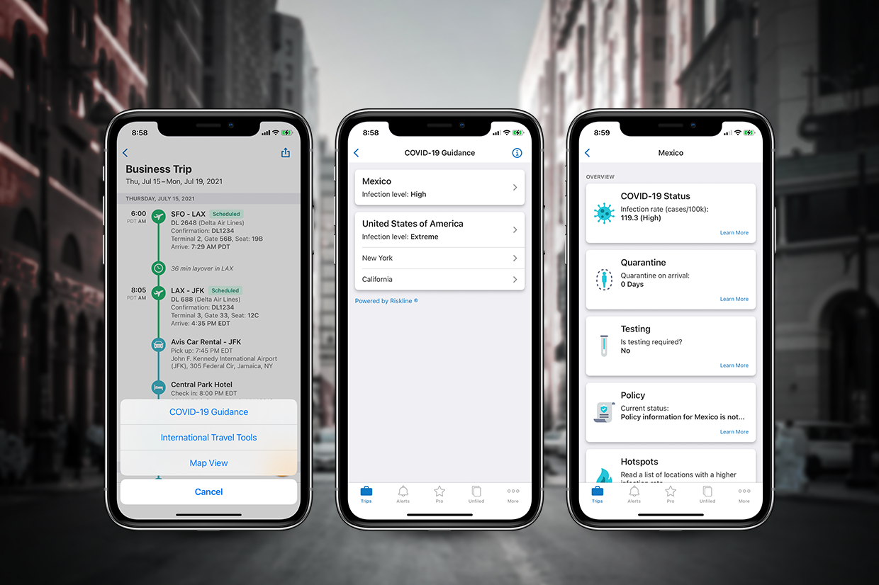 COVID-19 guidance is surfaced from travel-risk intelligence firm Riskline and can be found using the Guidebook button on the trip itinerary screen of the TripIt mobile app.