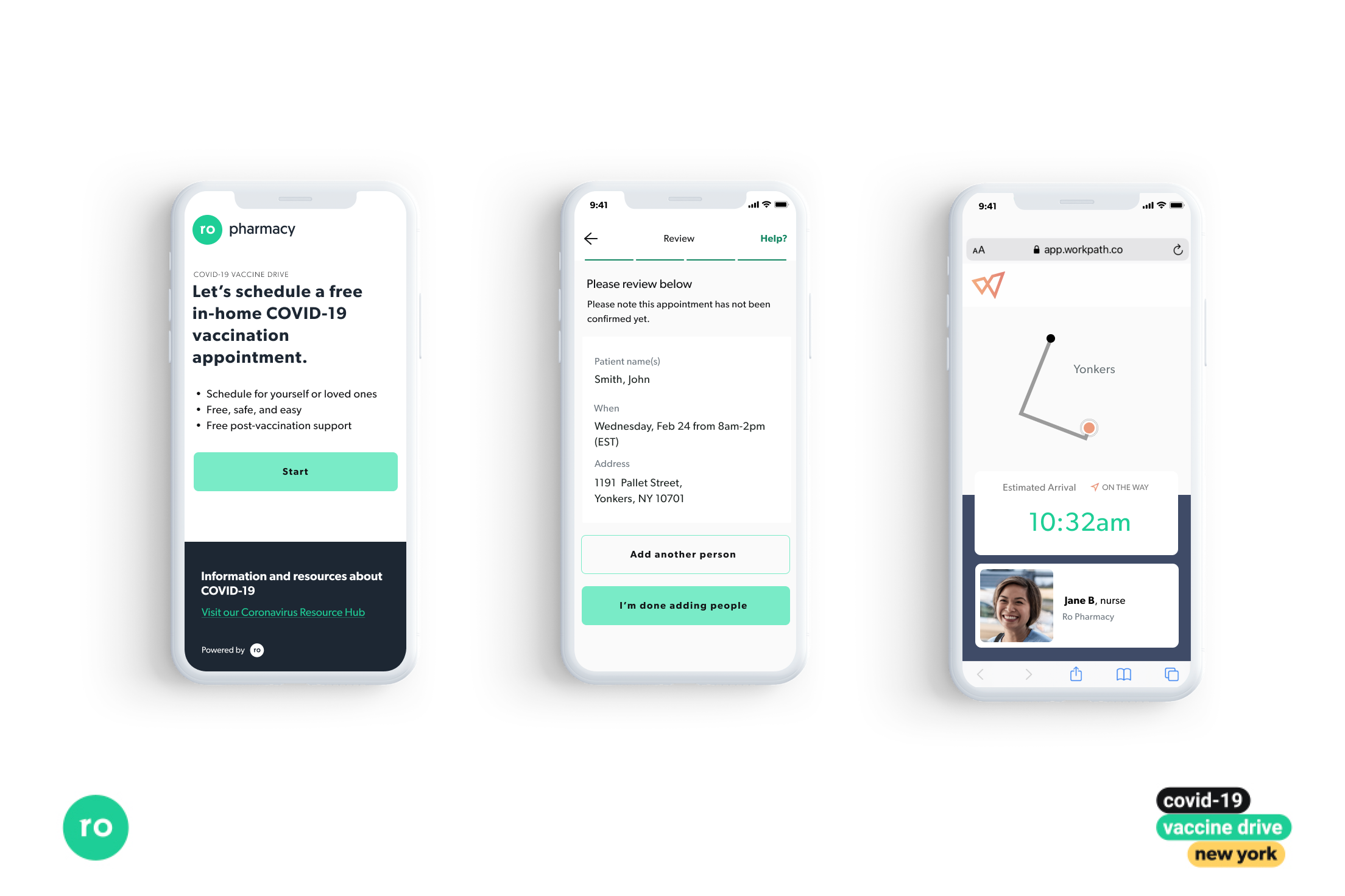 Screenshots of Ro's app for scheduling in-home COVID-19 vaccine appointments.