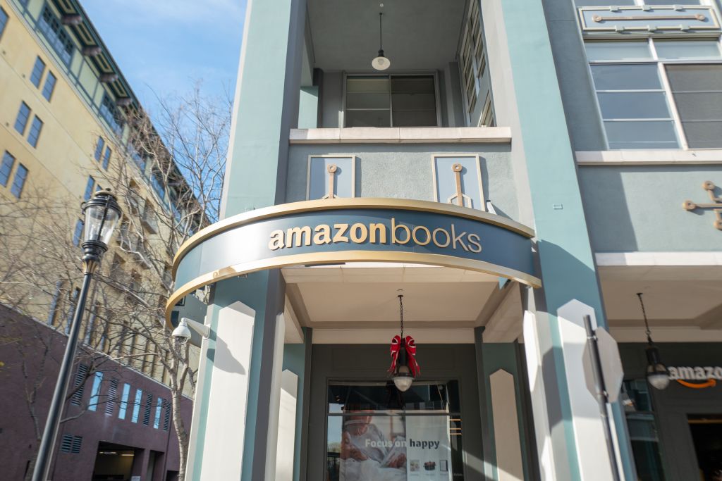 The facade of Amazon Books, a physical retail store for e-commerce company Amazon.com on Santana Row in the Silicon Valley, San Jose, Calif. January 3, 2020.