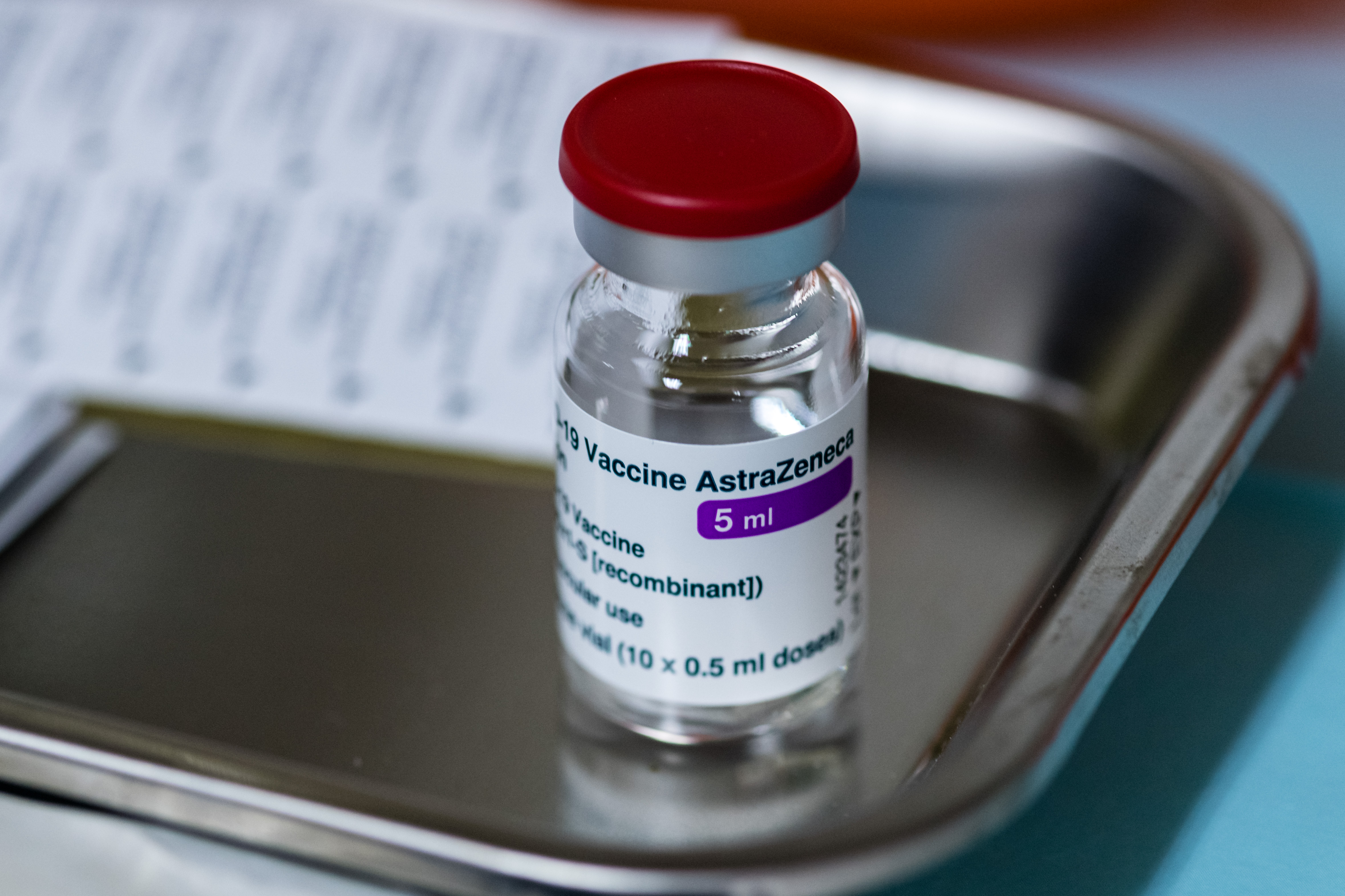 A vial of AstraZeneca Covid-19 vaccine in Saxony during the coronavirus pandemic on March 15, 2021 in Dippoldiswalde, Germany. 