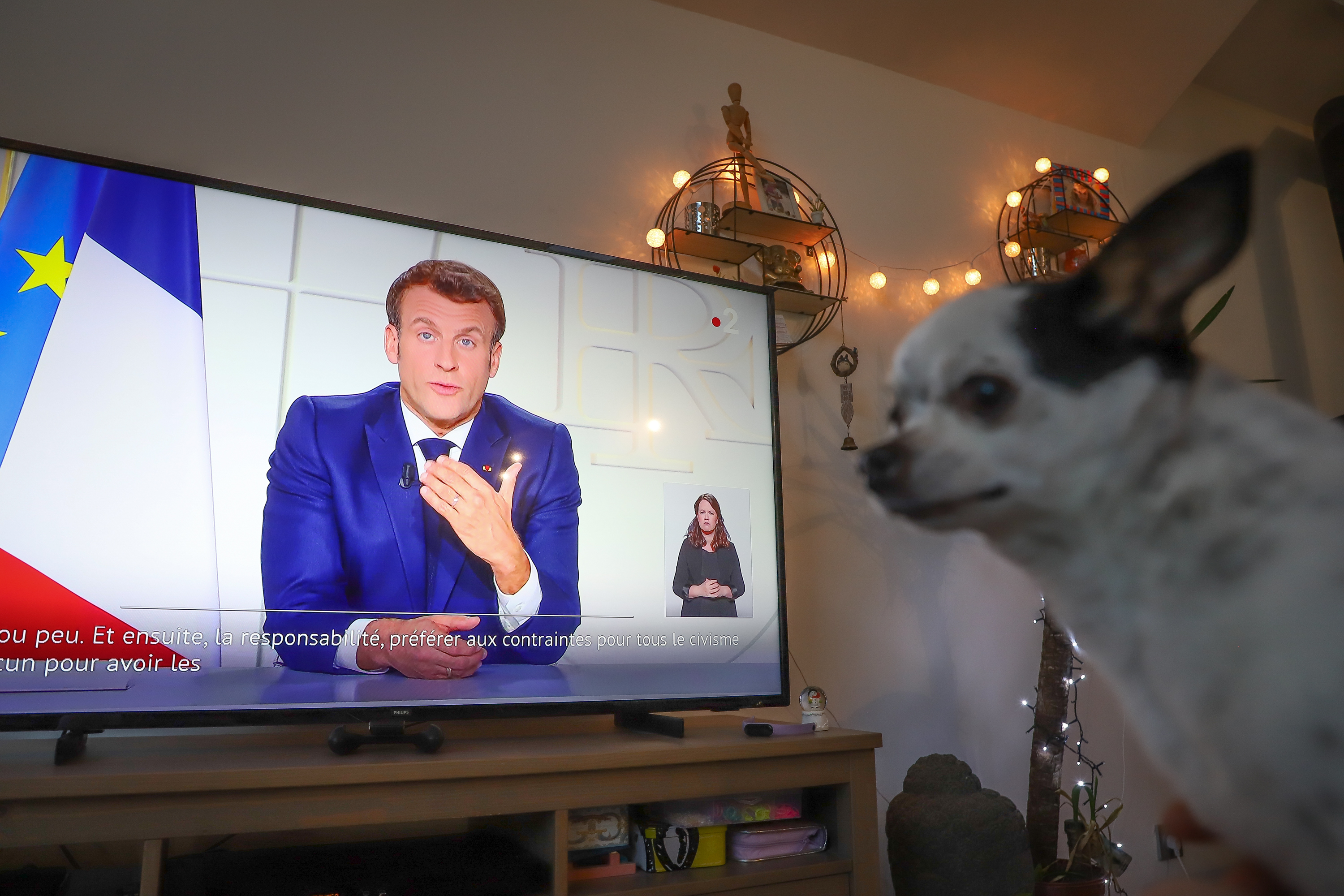 The French President Emmanuel Macron delivers a speech during a televised address to the nation on the new Covid-19 restrictions.