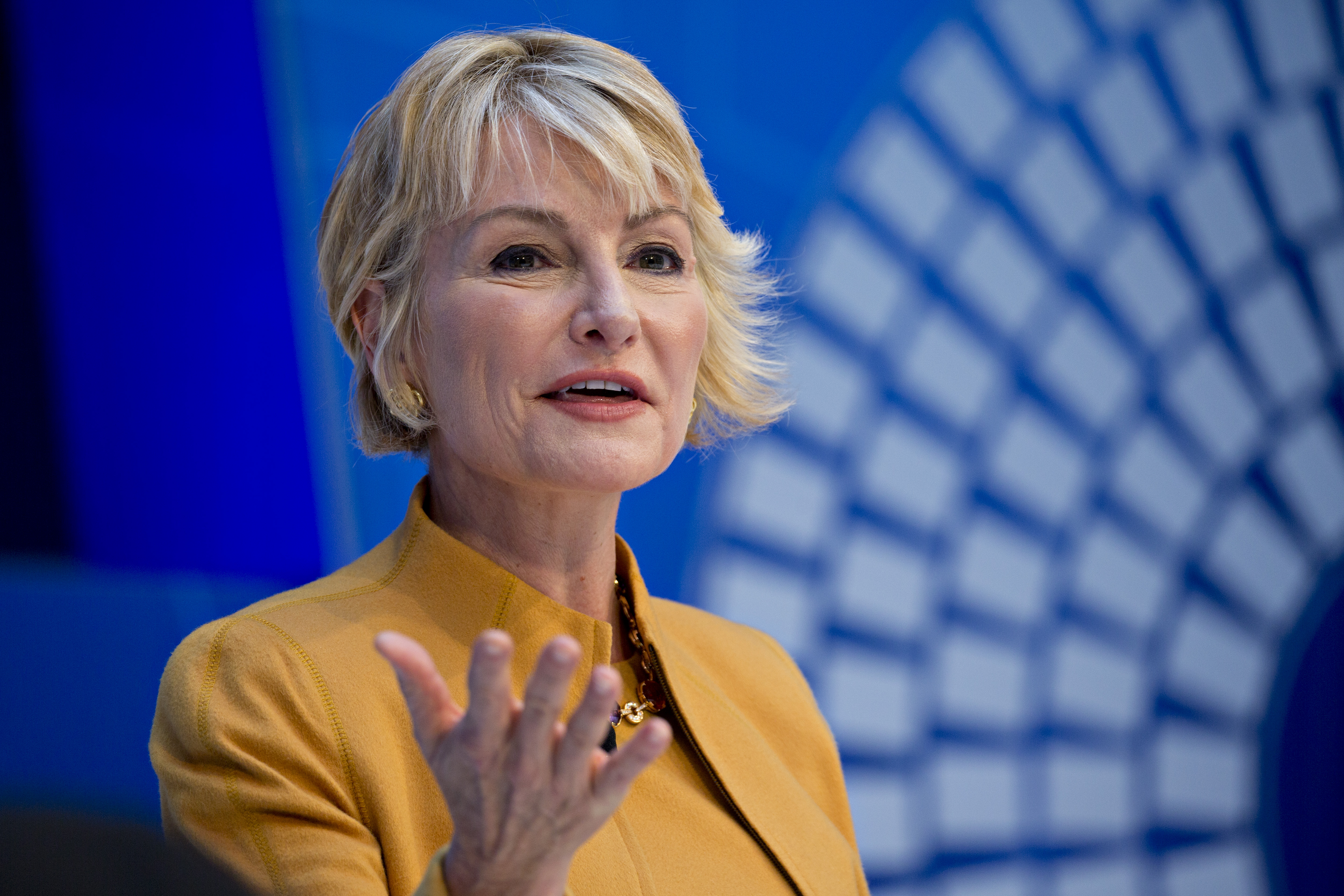 Bridget van Kralingen, senior vice president for industry platforms at International Business Machines Corp. (IBM), speaks at a panel discussion during the spring meetings of the International Monetary Fund (IMF) and World Bank in Washington, D.C., U.S., on April 18, 2018.