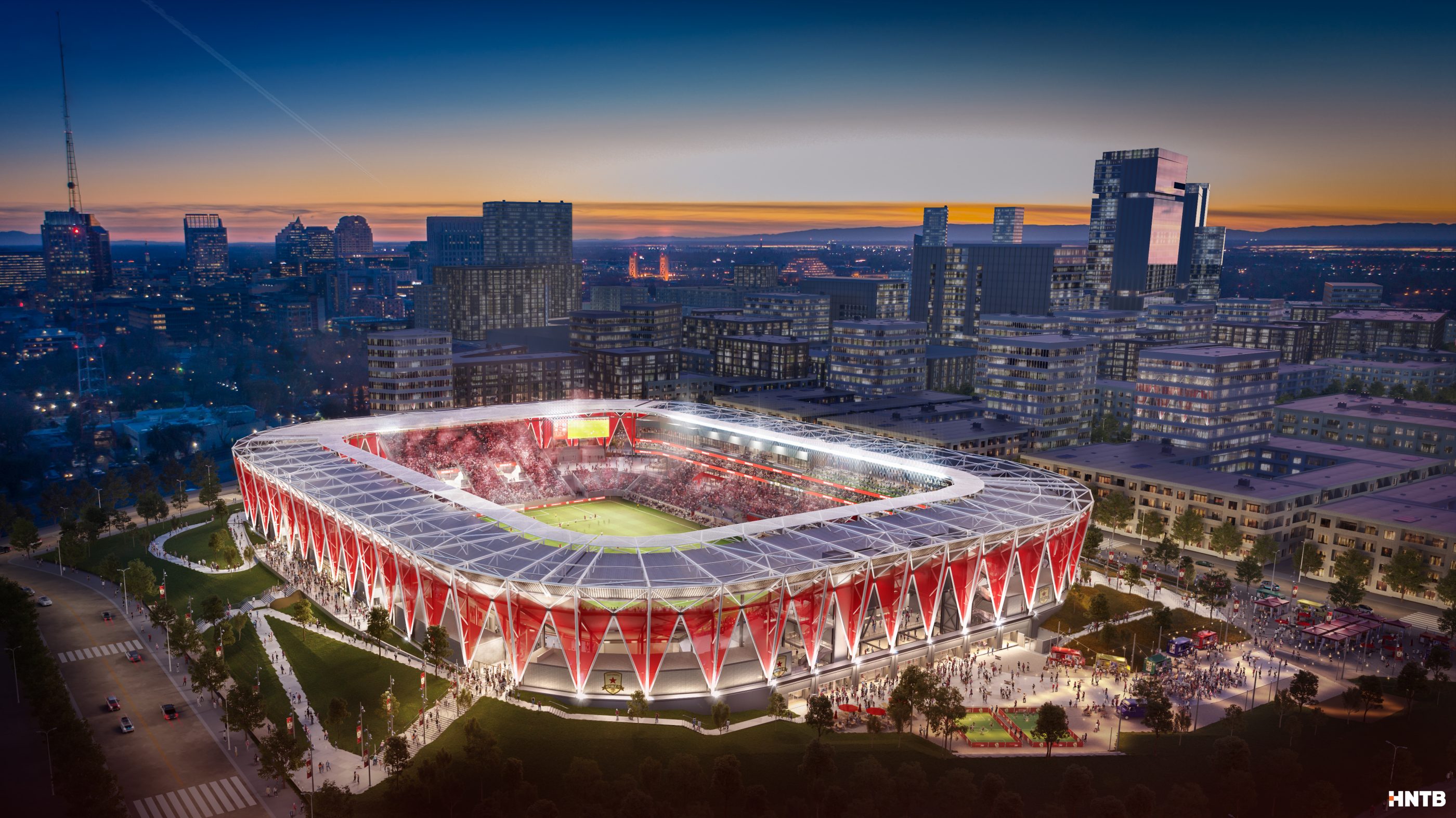 A rendering of Sacramento Republic FC's planned stadium at the redeveloped Sacramento Railyards.