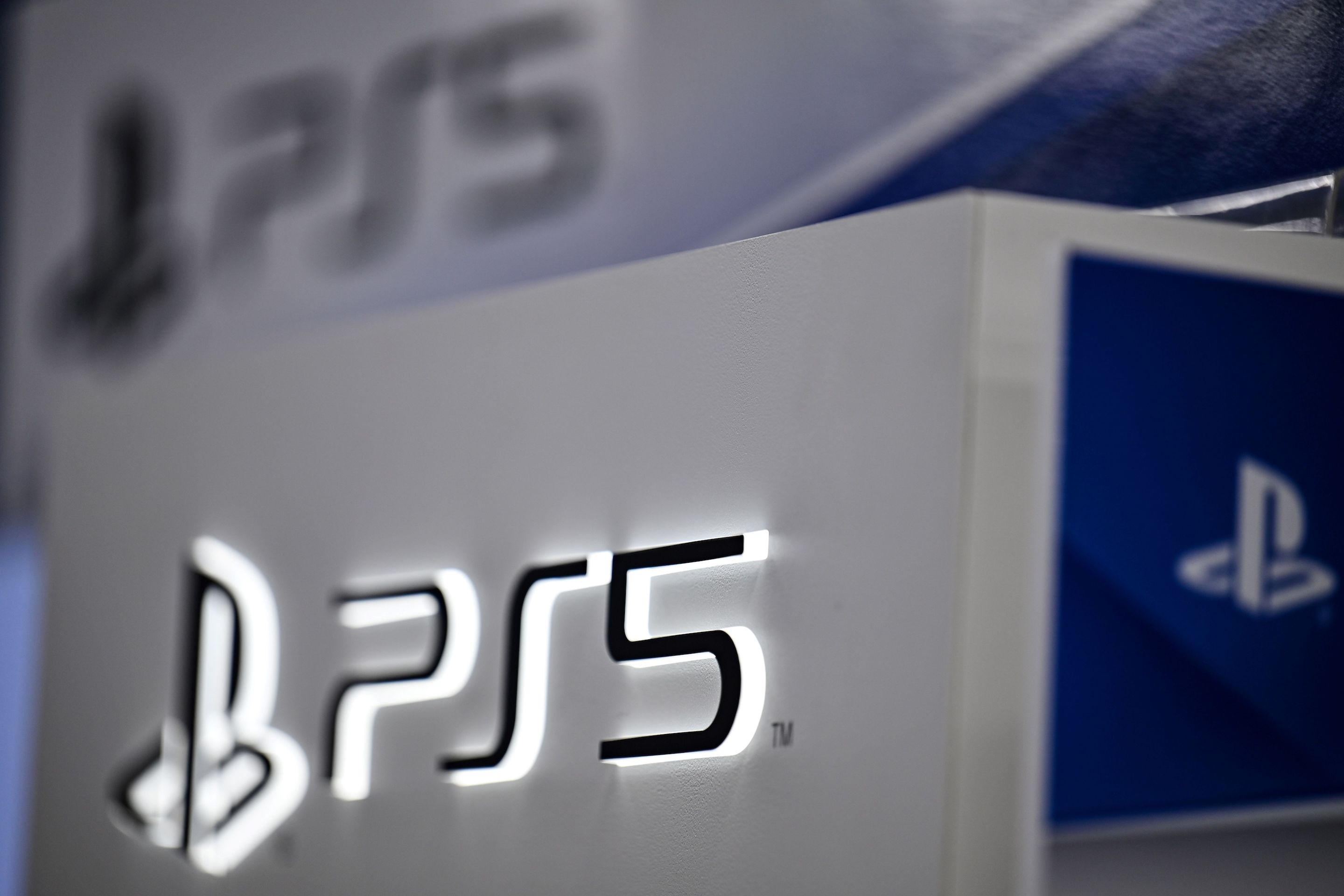 Sony's Playstation 5 logo is seen at an electronics store in Tokyo on November 10, 2020. 