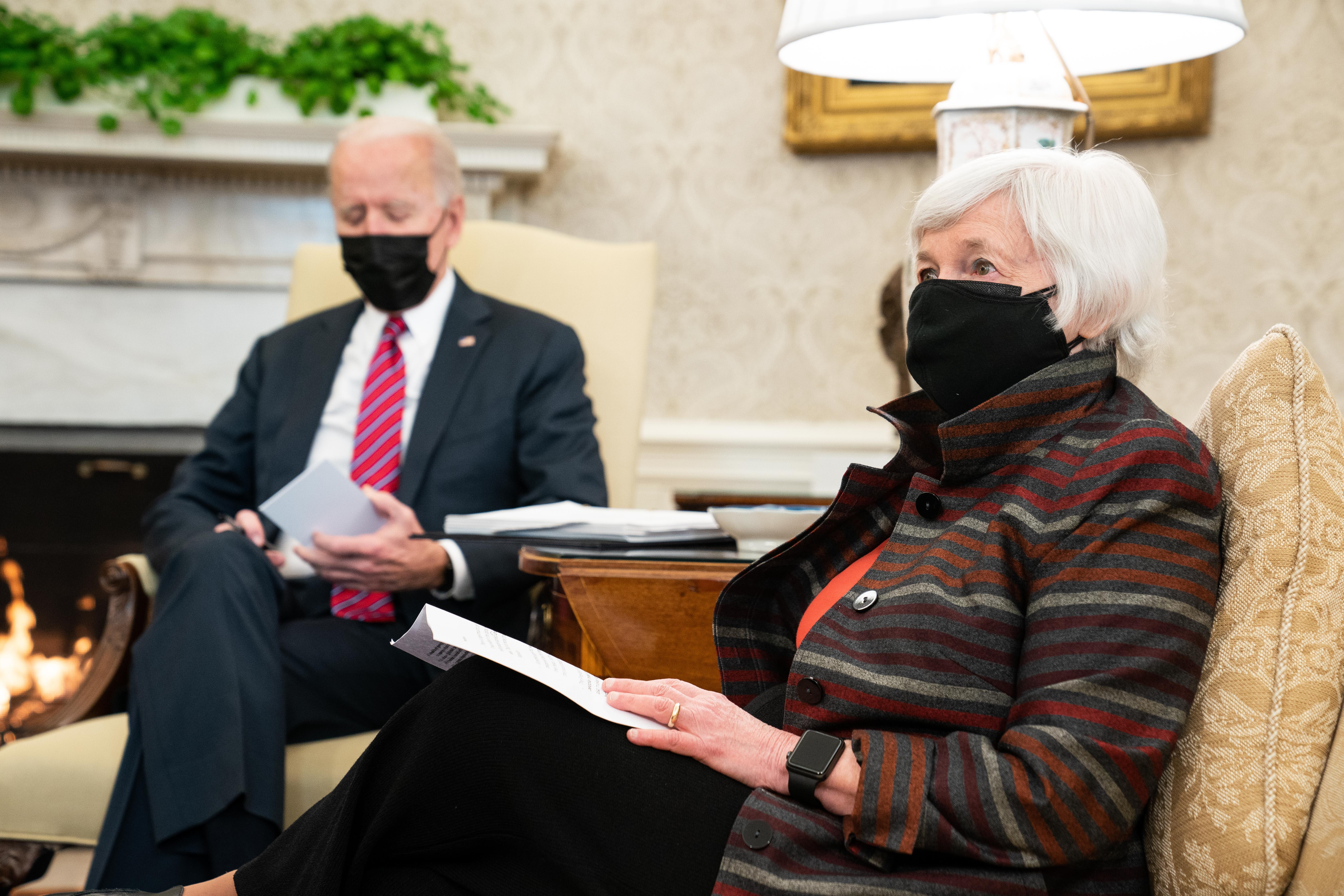 U.S. President Joe Biden meets with Treasury Secretary Janet Yellen
in the Oval Office.