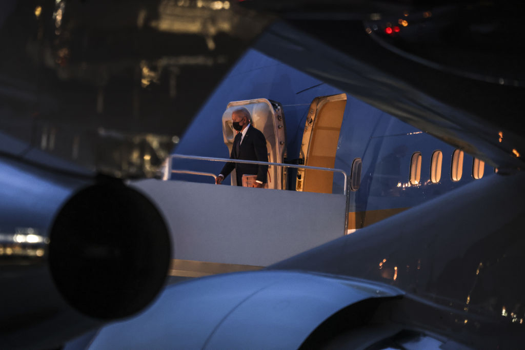 President Biden steps off Air Force One at Joint Base Andrews, Maryland, on March 31, 2021. Biden outlined his $2 trillion infrastructure plan in Pittsburgh, setting the stage for a drawn-out battle over a second big economic program. 