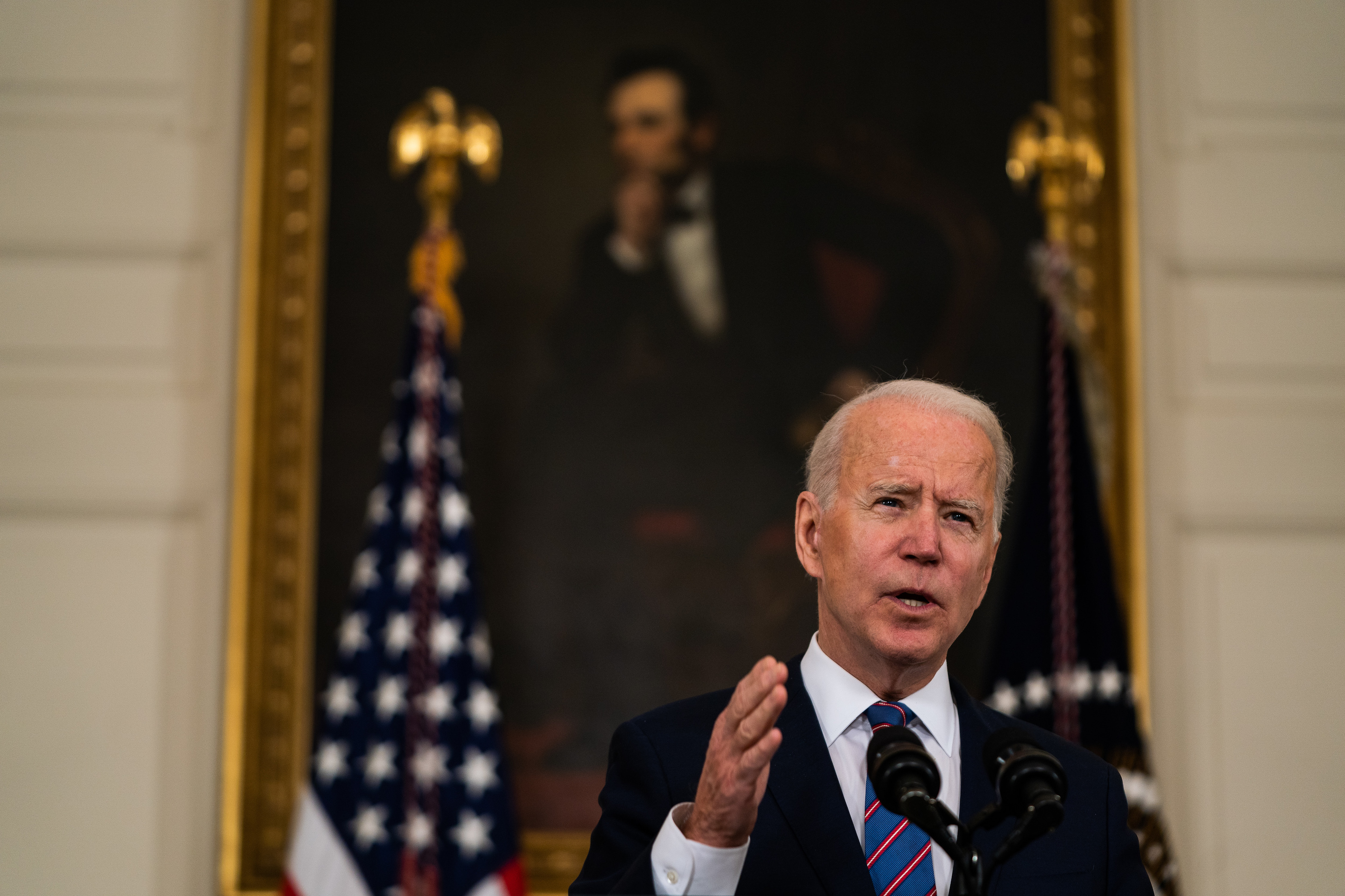 US President Joe Biden give remarks on March jobs report in the State Dining Room of the White House on April 2, 2021.