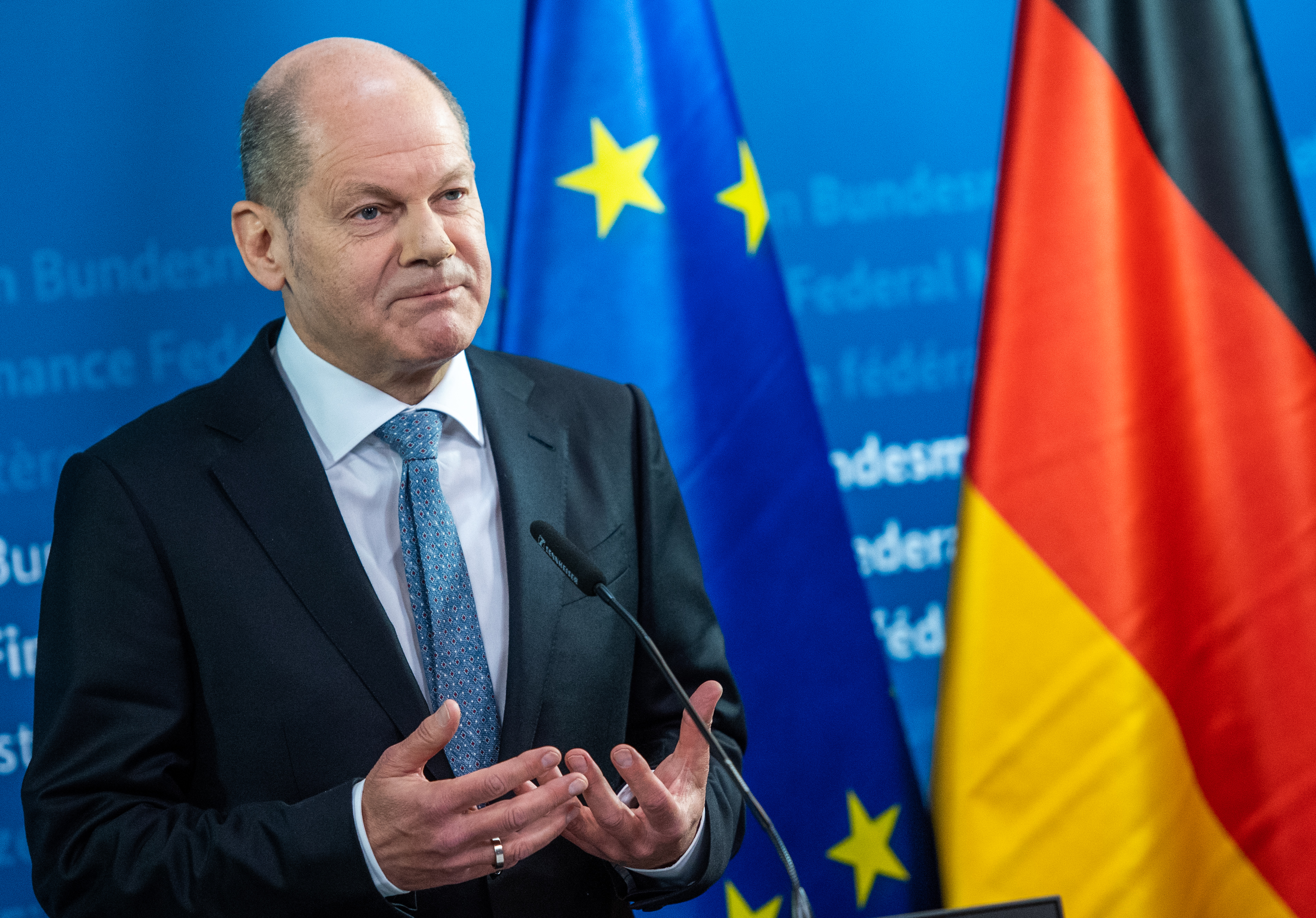 Olaf Scholz, Germany's Federal Minister of Labour and Social Affairs, speaks at a press briefing on the upcoming IMF/World Bank Spring Meetings (IMFC) and the virtual G20 meeting of finance ministers and central bank governors.