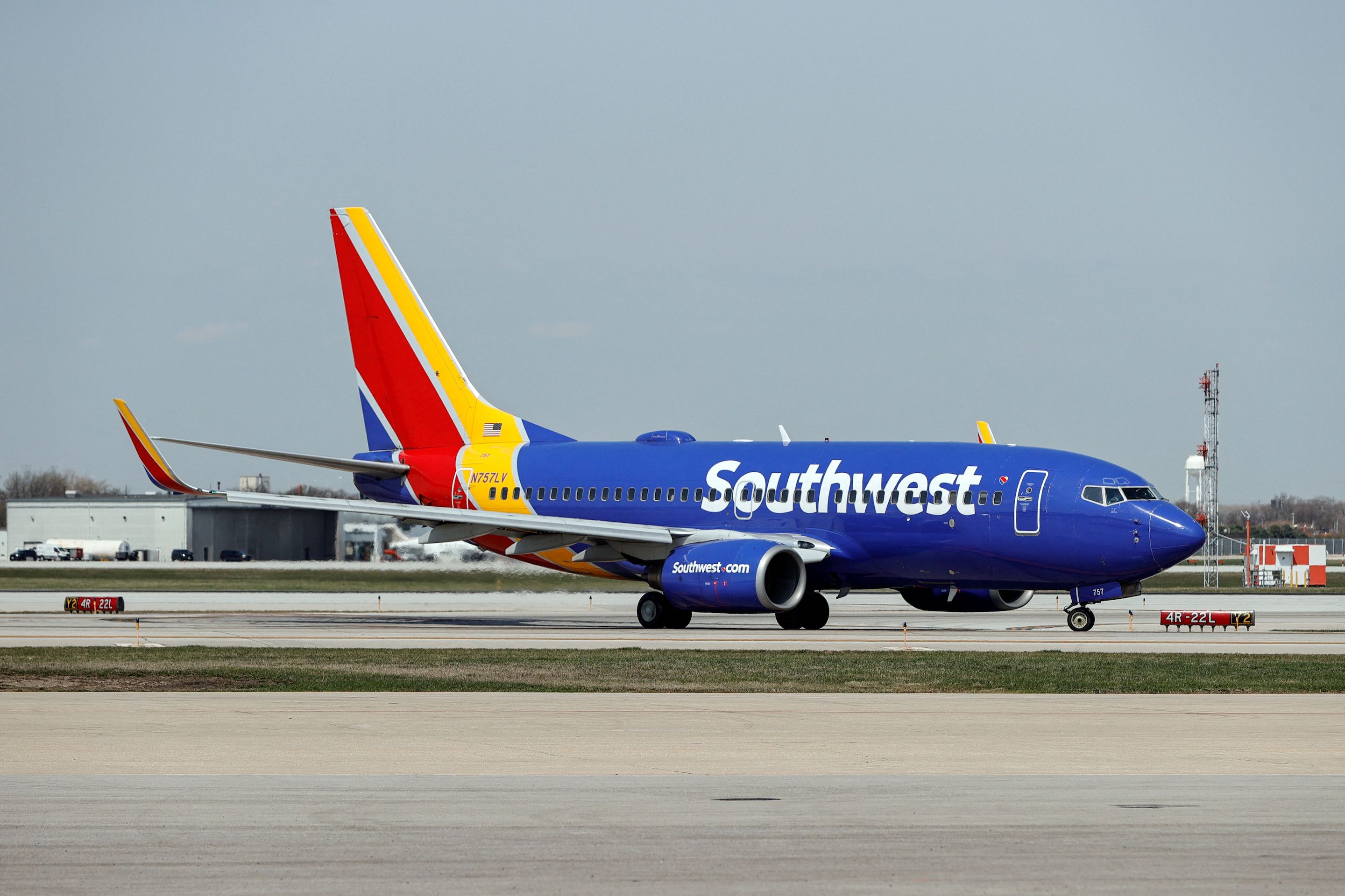 A Southwest Airlines Boeing 737-7H4 jet taxis to the gate after landing at Midway International Airport in Chicago, Illinois, on April 6, 2021.