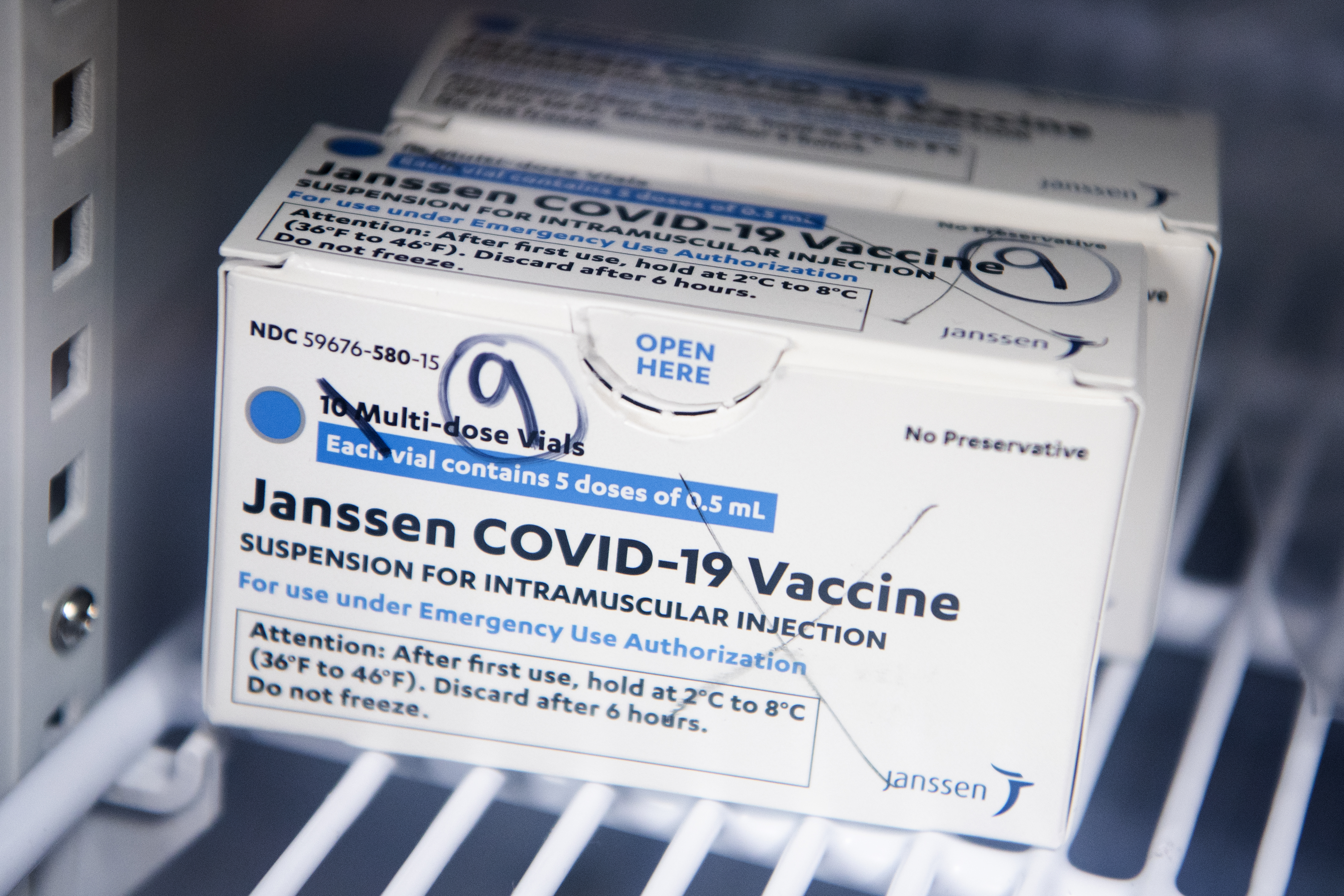 A box of Johnson & Johnson's Janssen COVID-19 vaccine doses are pictured at Grubb's Pharmacy on Capitol Hill on Monday, April 12, 2021.