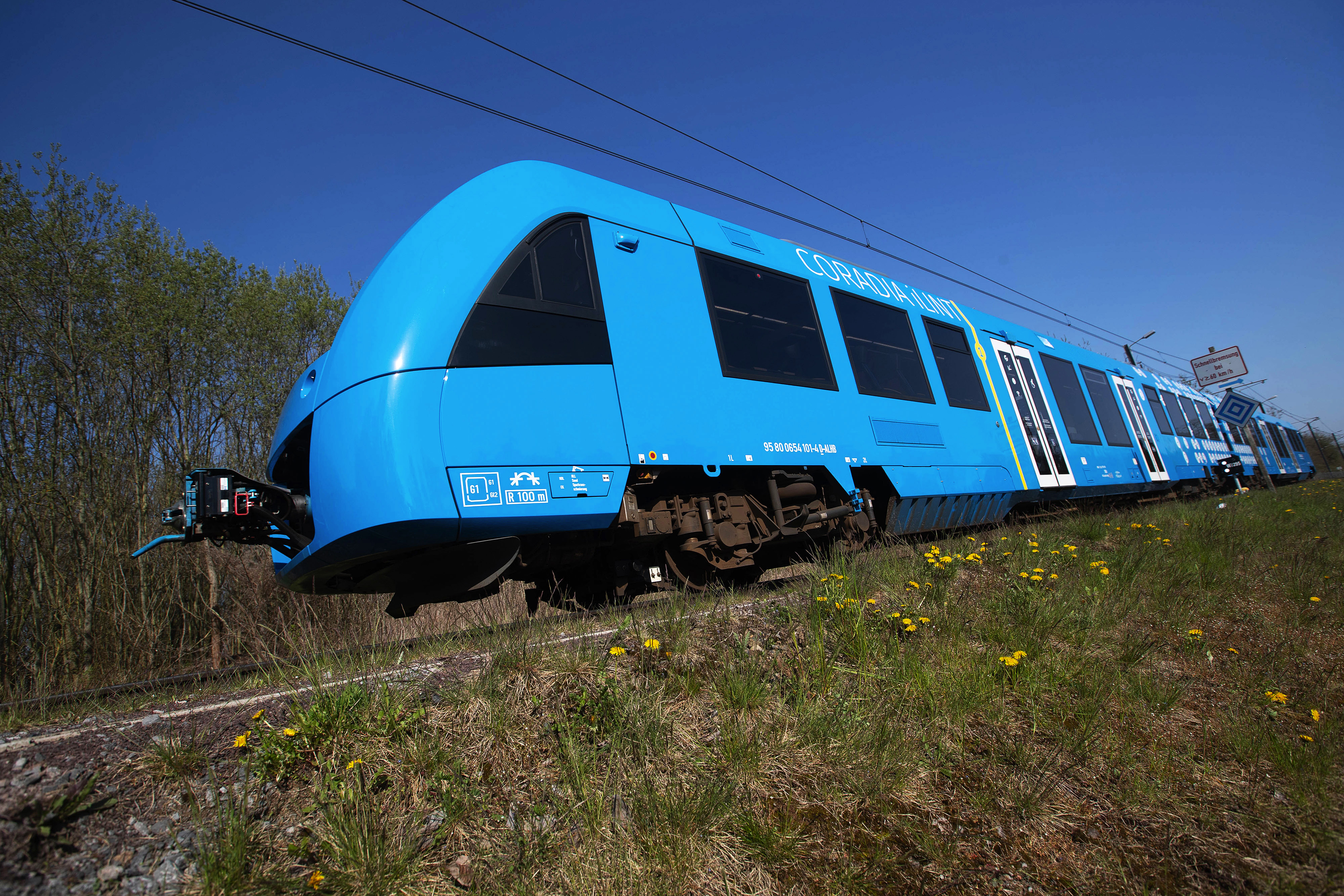 A Coradia iLint hydrogen fuel cell powered prototype railway train, manufactured by Alstom SA, travels in Salzgitter, Germany, on Tuesday, April 20, 2021