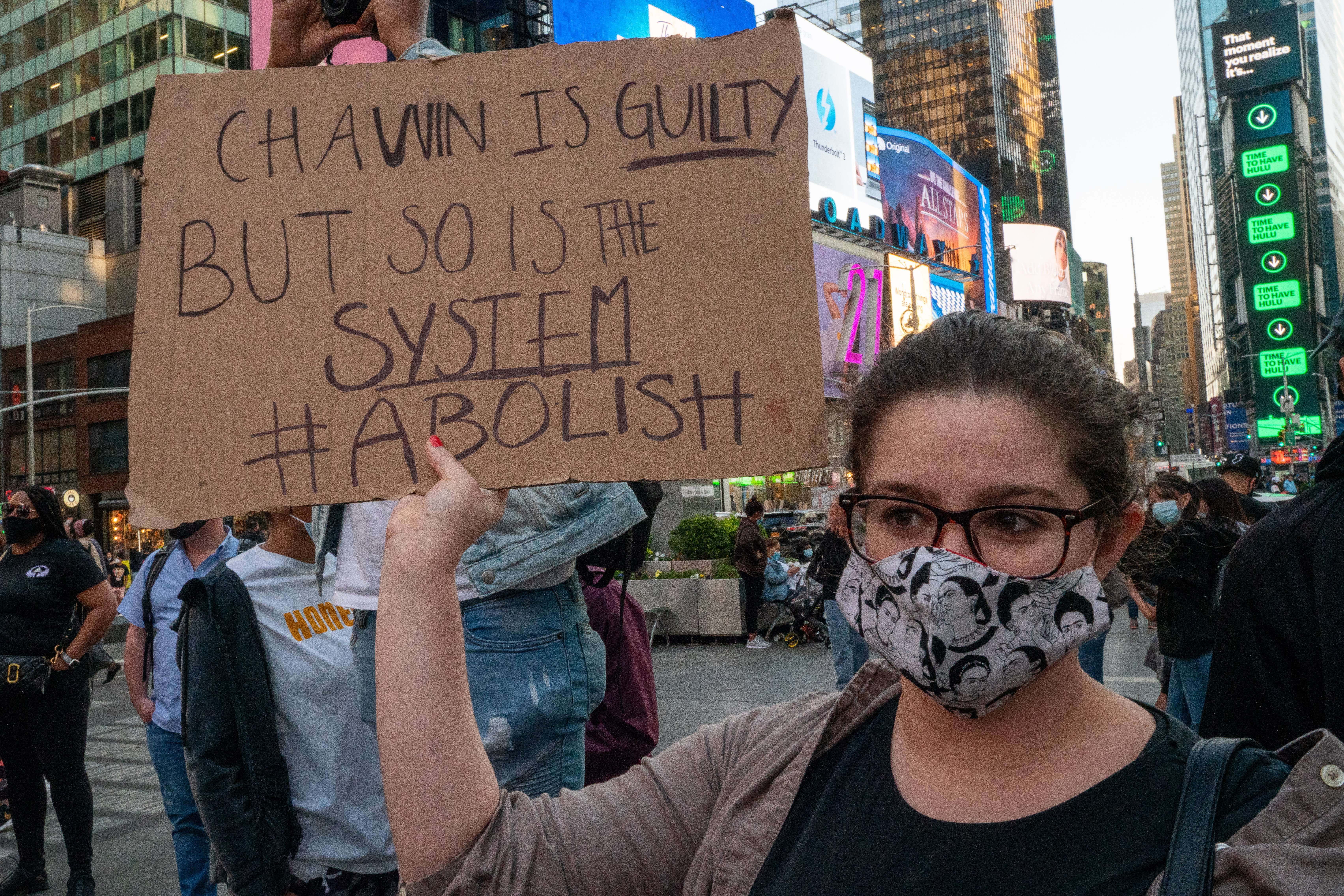 People take to the streets following the verdict in the Derek Chauvin trial on April 20, 2021 in New York City.
