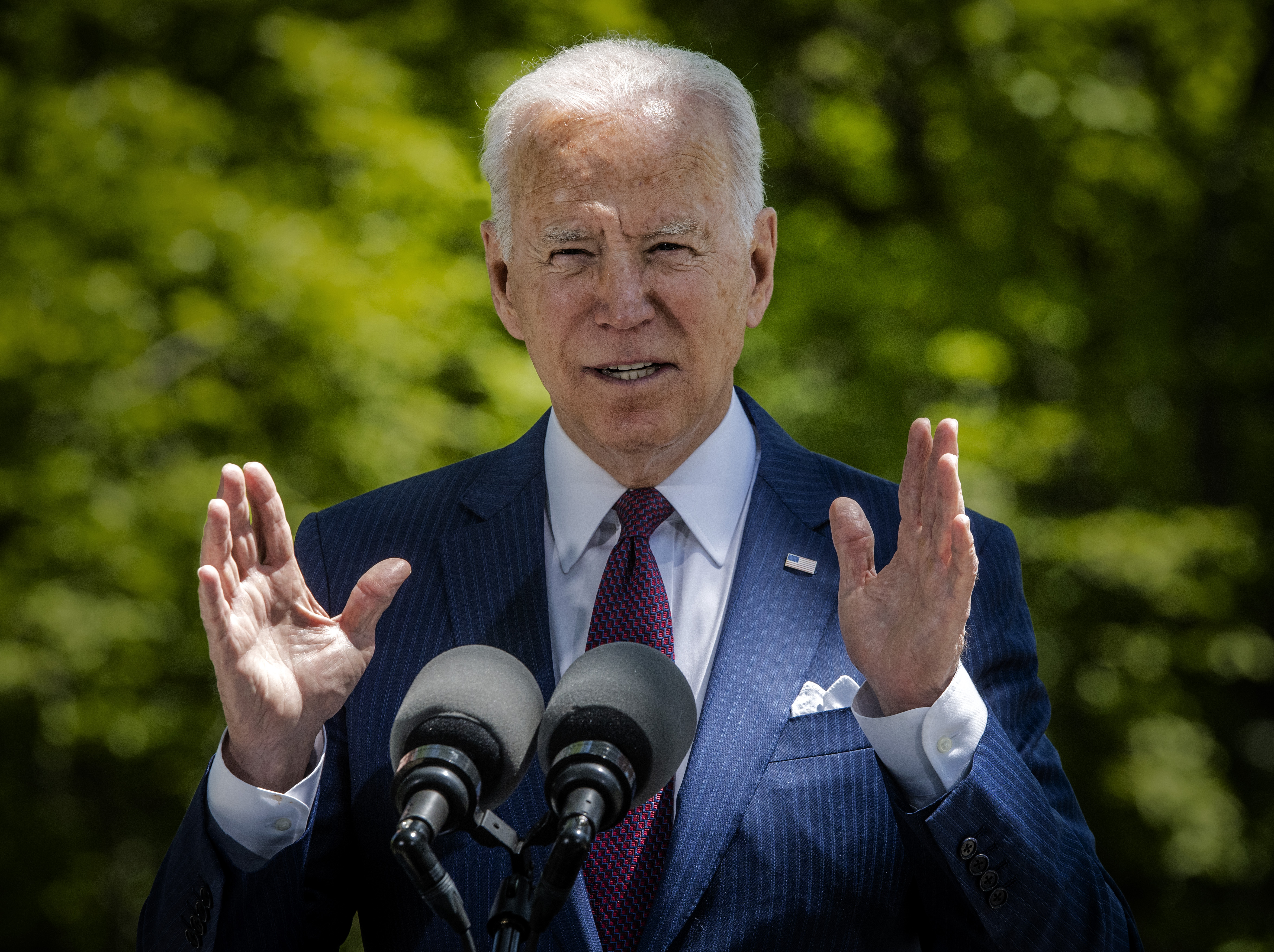 President Joe Biden delivers remarks on the front lawn of the White House on the ongoing Covid-19 response, in Washington, DC.