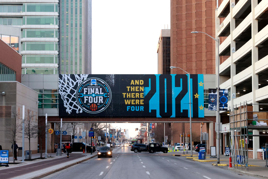 A Final Four banner across a street in Indianapolis, site of the 2021 NCAA Final Four.