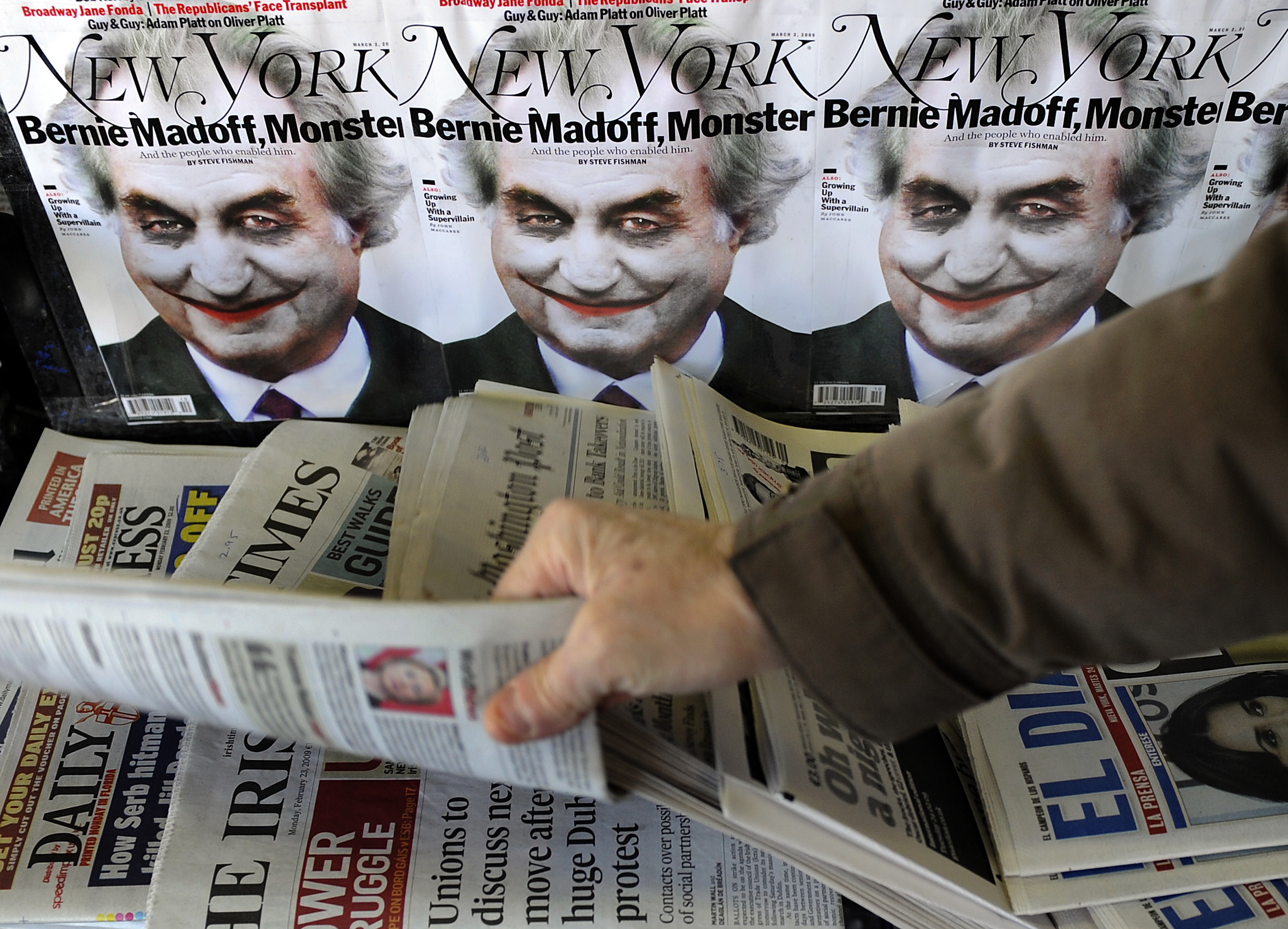 Ponzi scheme mastermind Bernard Madoff portrayed as the Joker from “Batman” on the cover of “New York” magazine in 2009. Since his incarceration, all manner of Ponzi schemes have emerged, particularly during the COVID-19 pandemic.