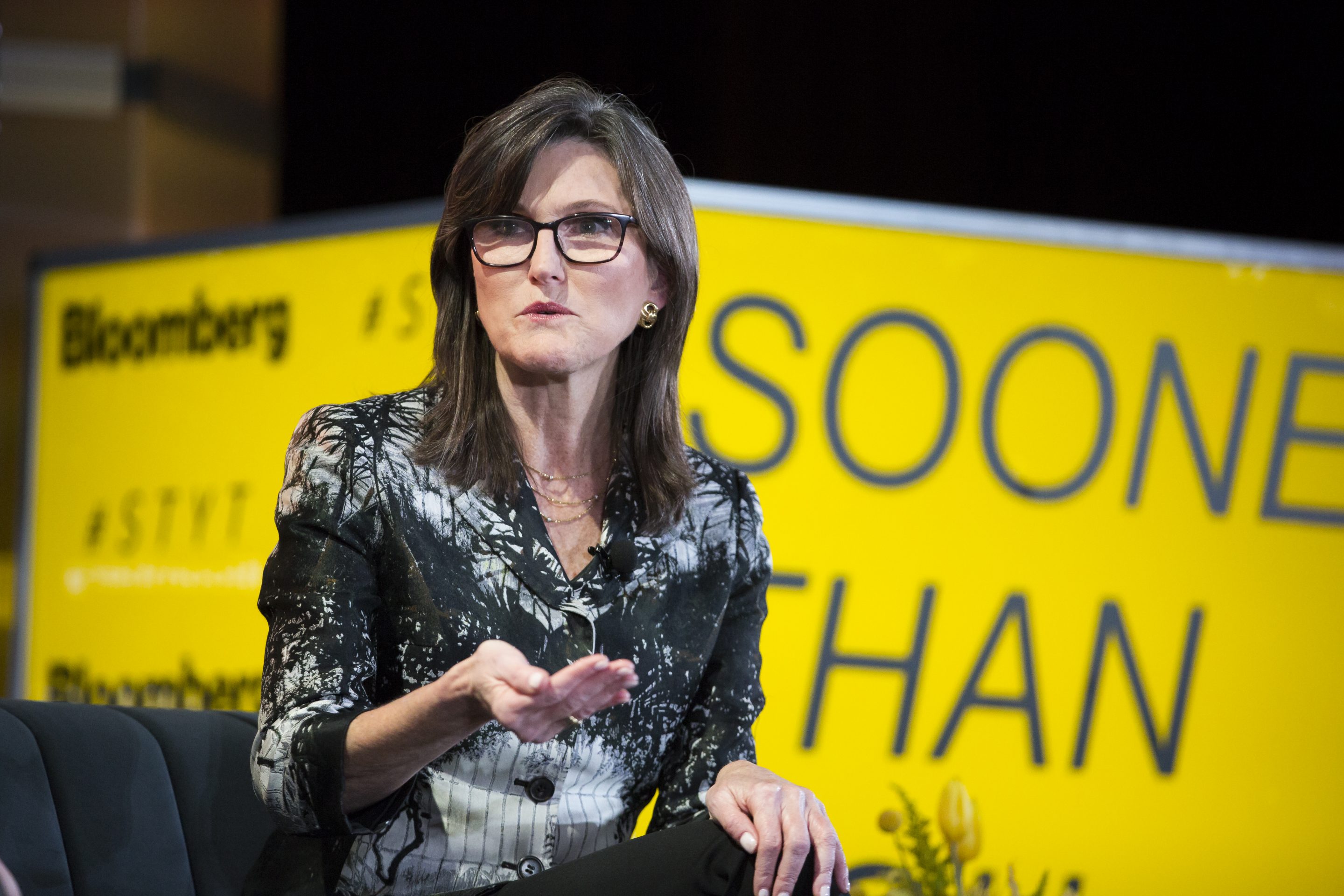 Cathie Wood, chief executive officer and chief investment officer of ARK Investment Management LLC, speaks during the Sooner Than You Think conference in the Brooklyn borough of New York, U.S., on Oct. 16, 2018.