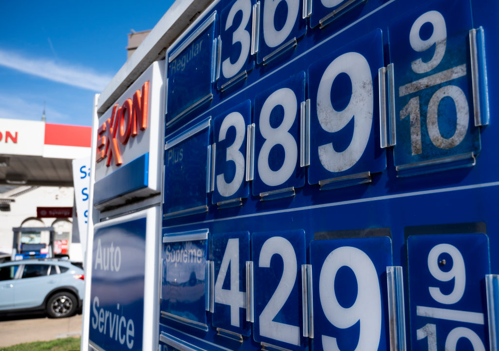 Gas prices are displayed at the Exxon station on Capitol Hill in Washington, D.C.