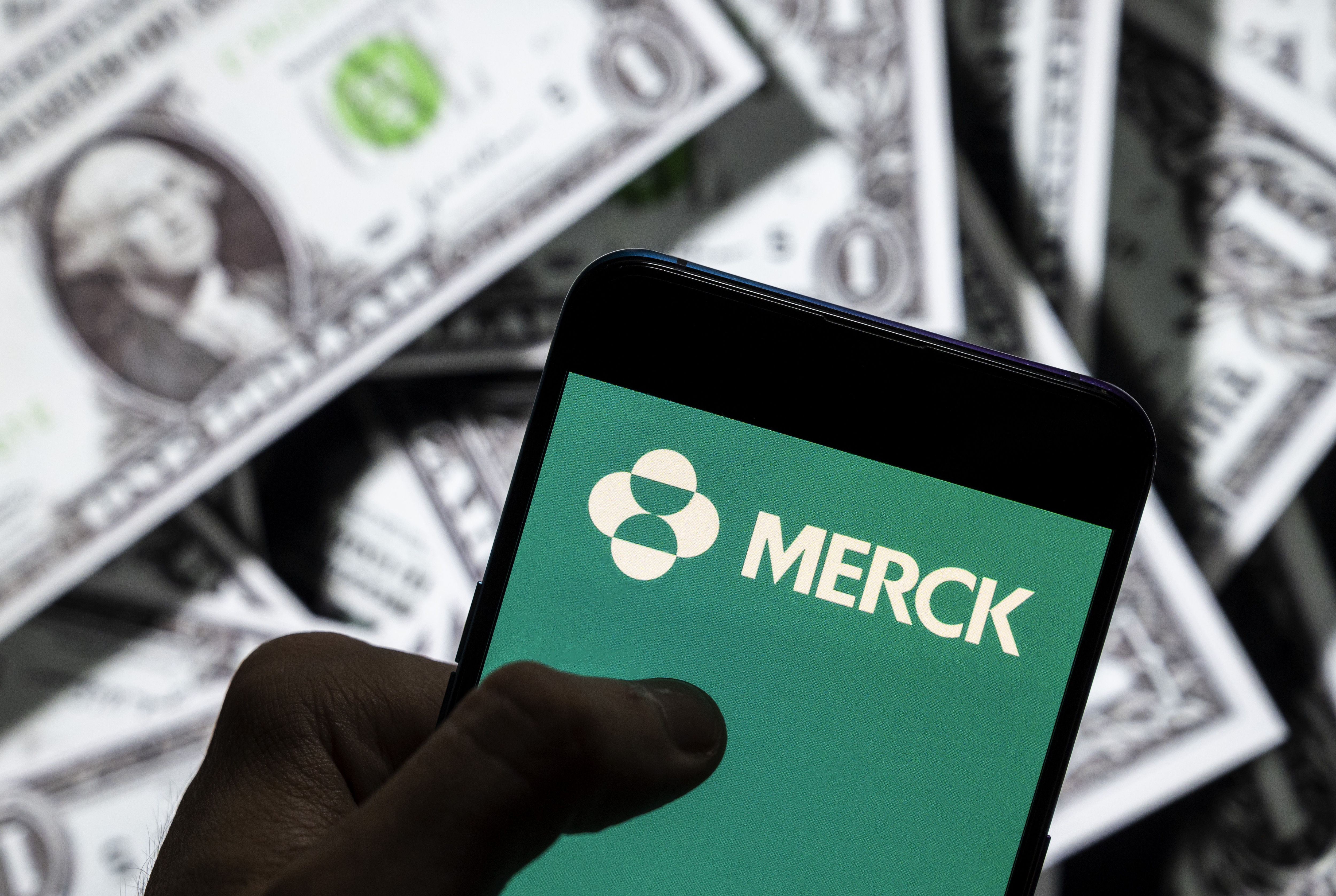 Photo illustration the American multinational pharmaceutical company Merck logo seen on an Android mobile device.