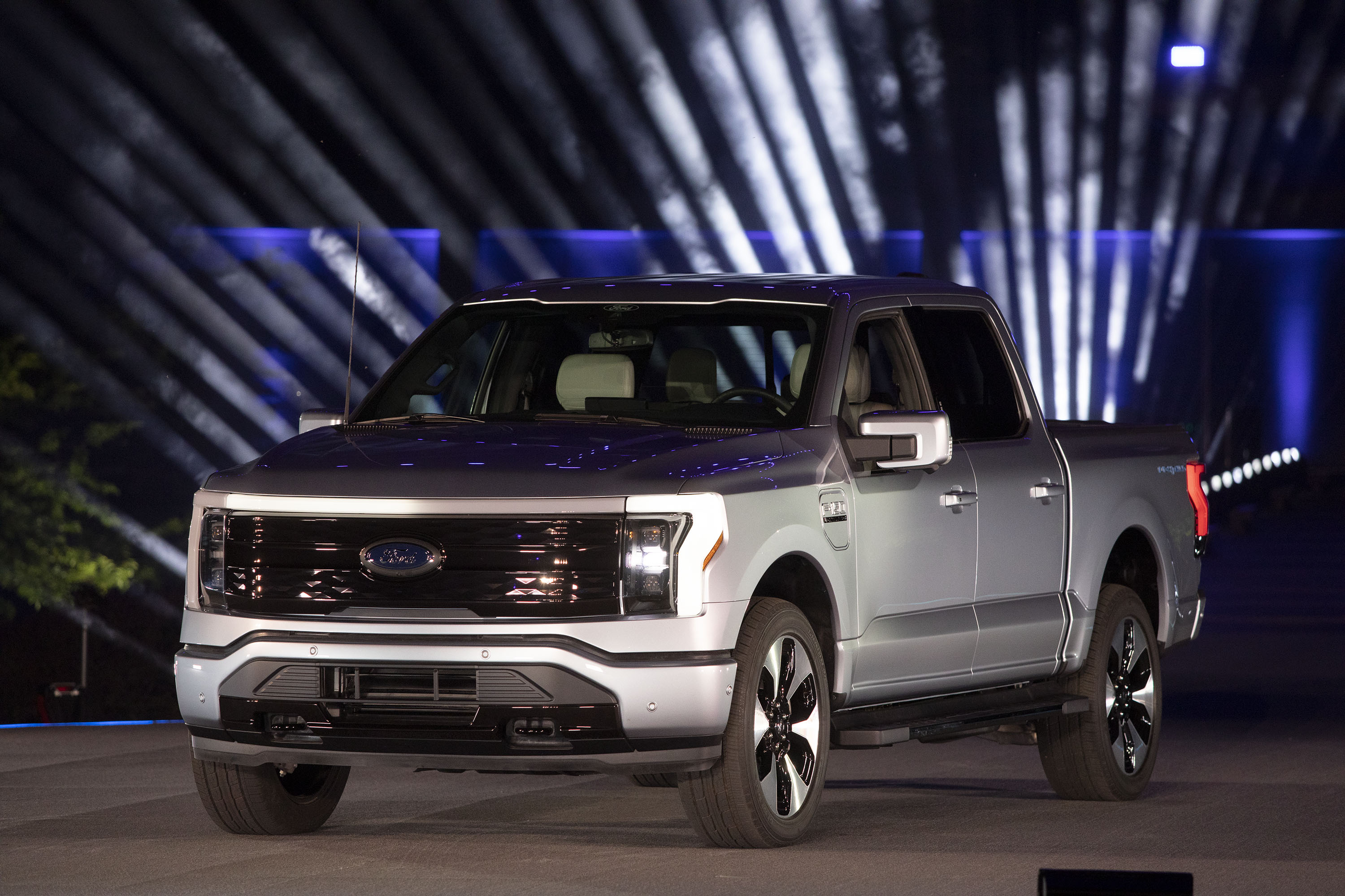The new all-electric Ford F-150 Lightning performance pickup truck is revealed at a livestream event at Ford World Headquarters on May 19, 2021 in Dearborn, Michigan.