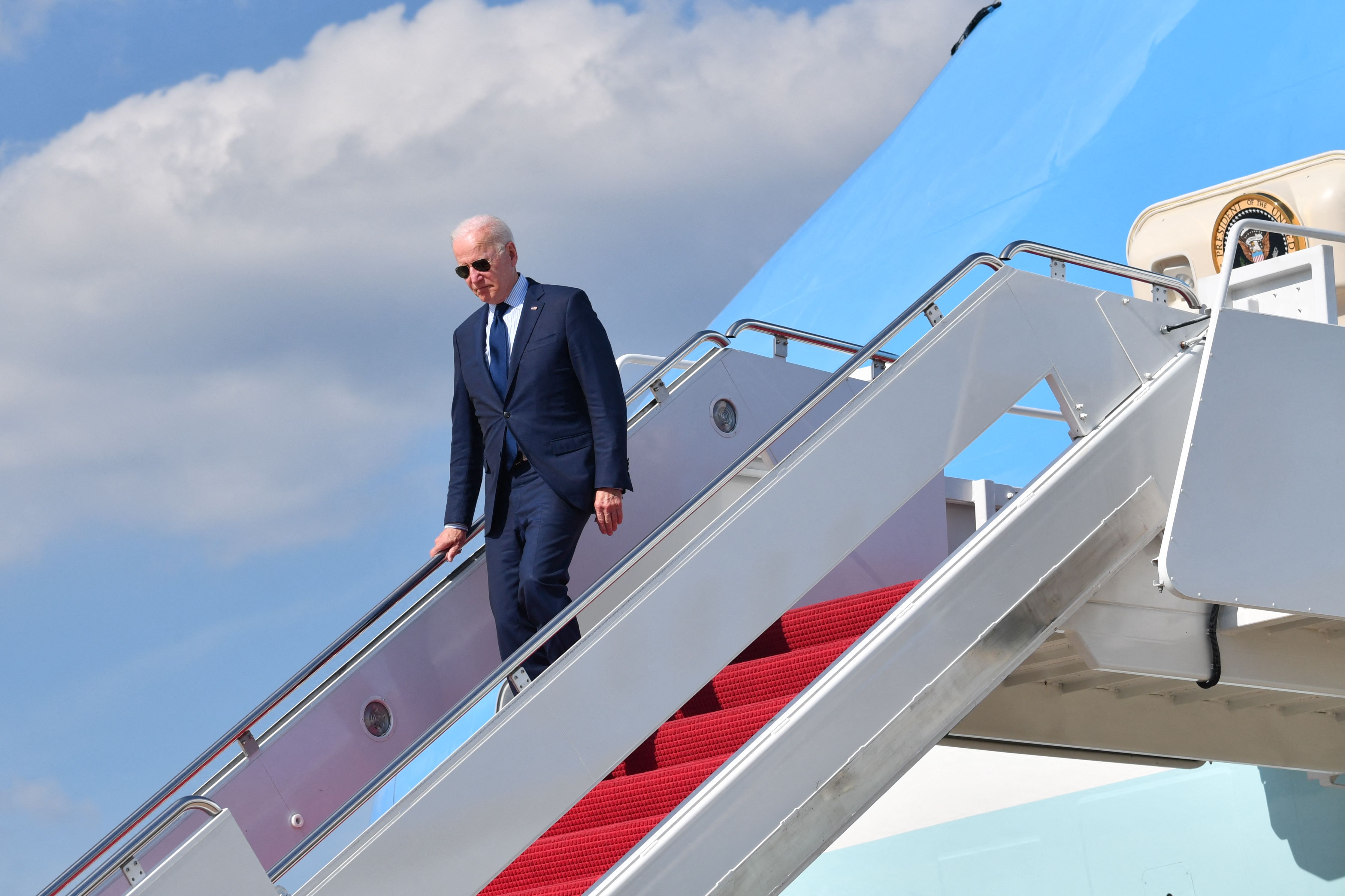 US President Joe Biden steps off Air Force One upon arrival at Andrews Air Force Base in Maryland on May 27, 2021.