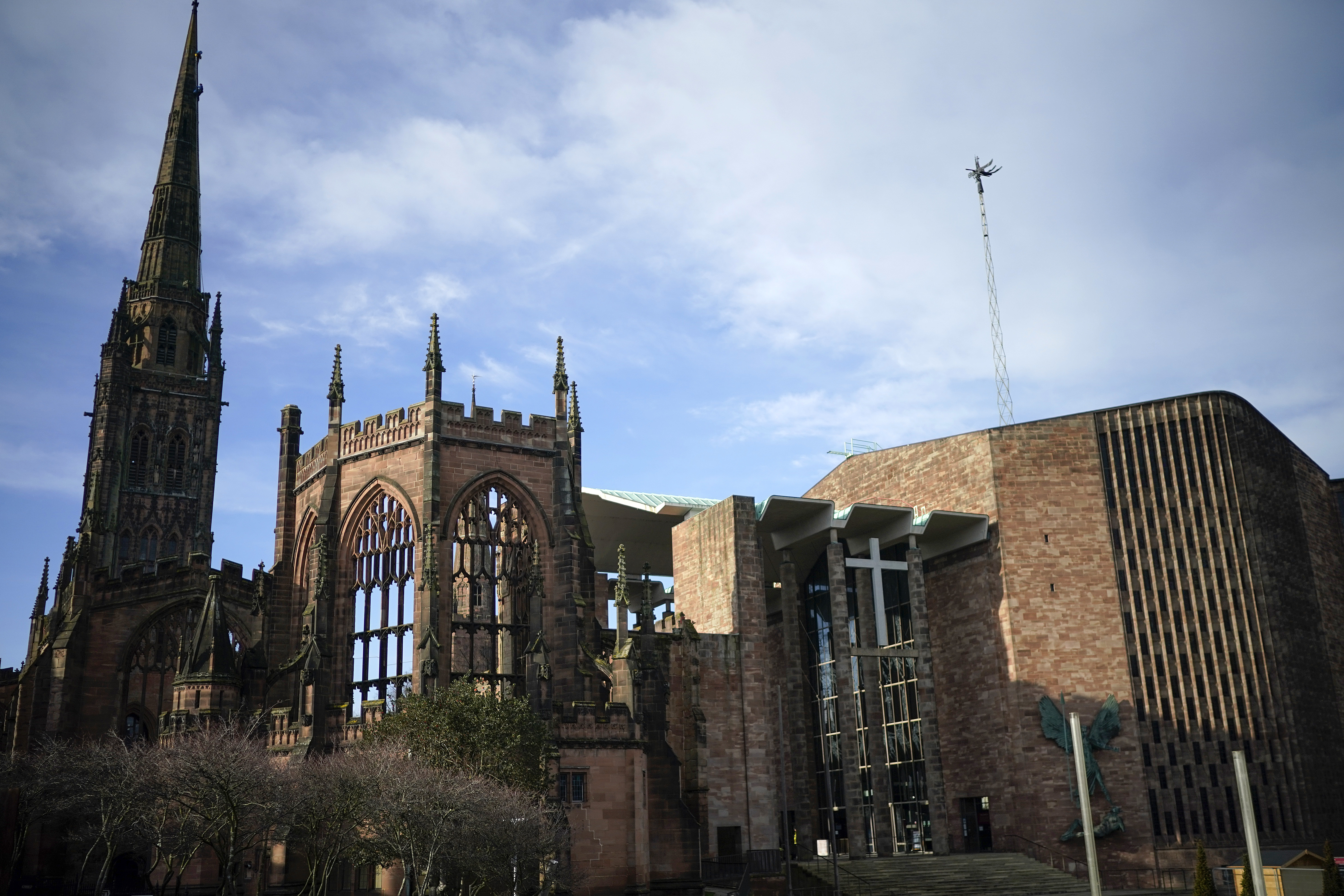 The remains of the bombed out original Coventry Cathedral stand next to its modern replacement on November 23, 2020 in Coventry, England. 