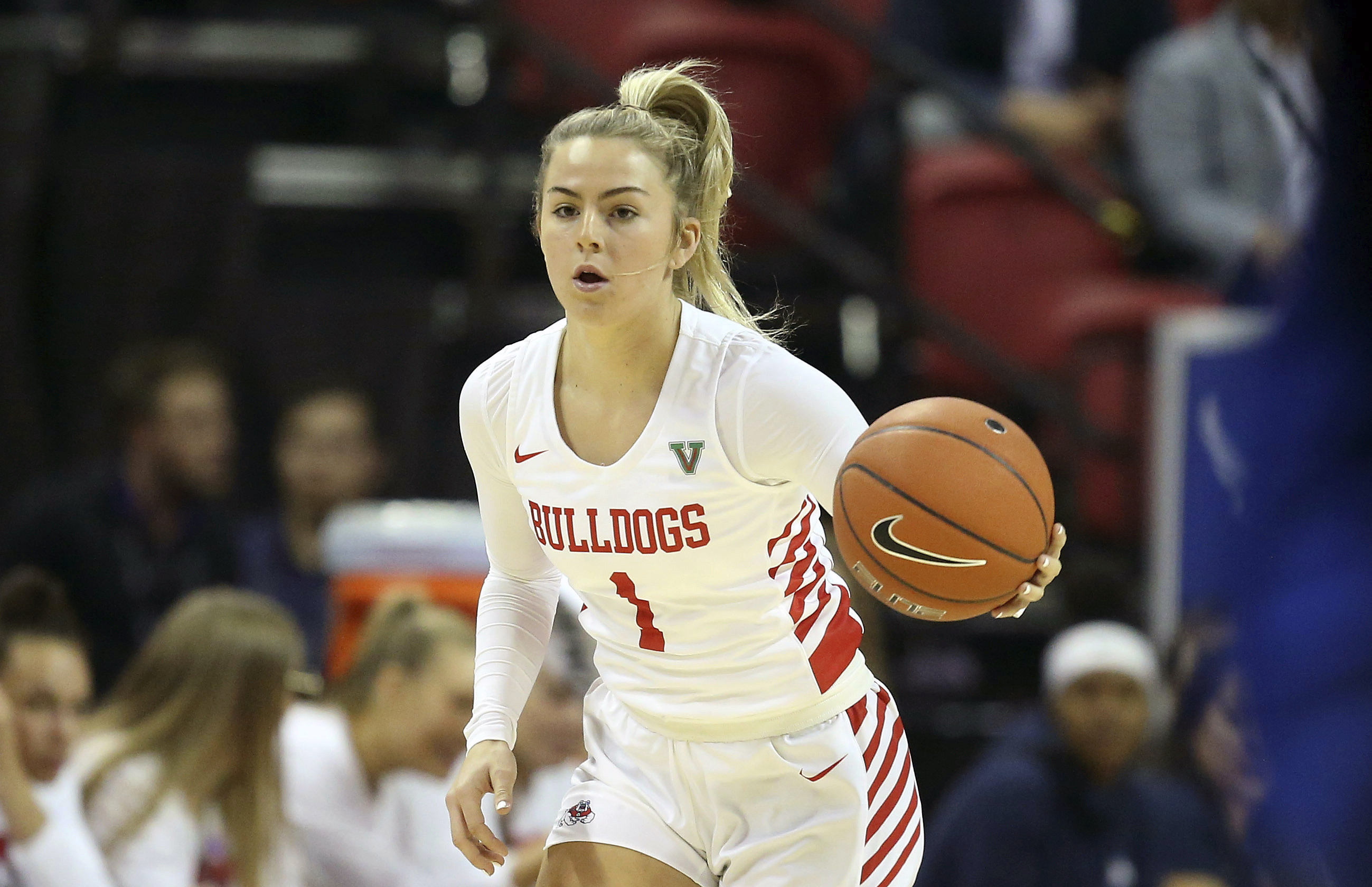 Fresno State's Haley Cavinder plays against Boise State during the first half of a Mountain West Conference tournament NCAA women's college basketball game on March 4, 2020.