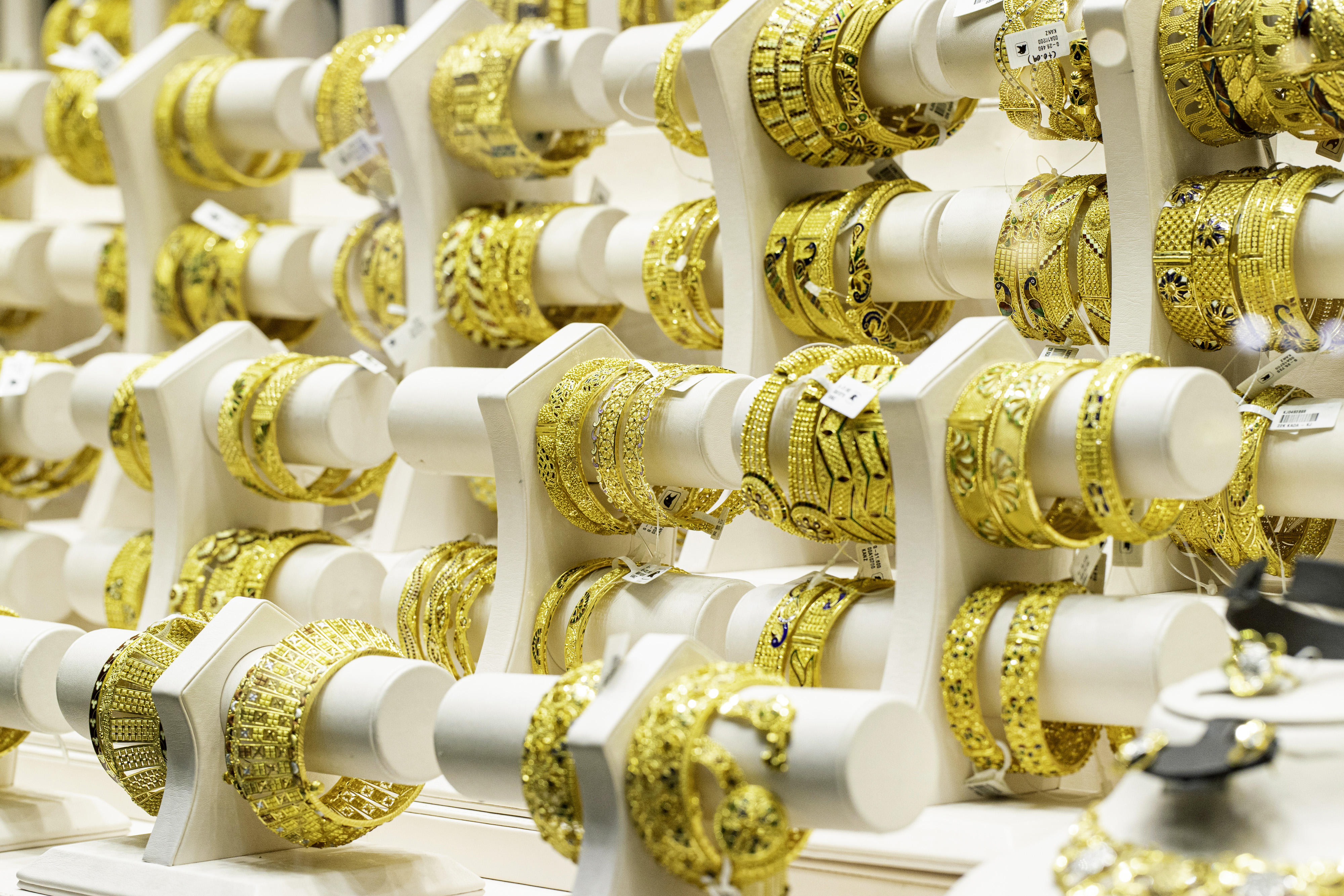 Gold jewelry on display in a shop window in the Gold Souk in the Deira district of Dubai, United Arab Emirates, on Feb. 10, 2021.
