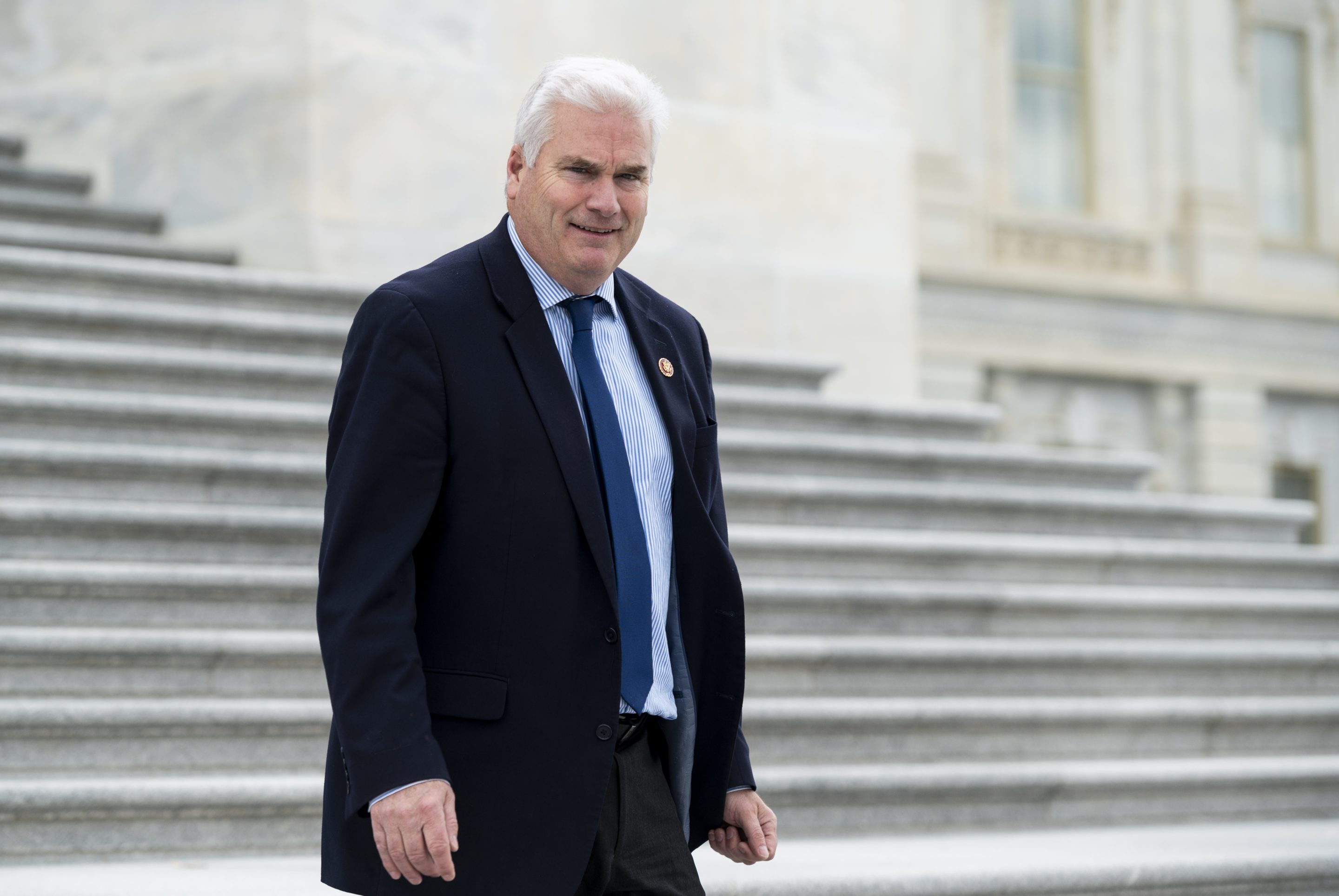 Rep. Tom Emmer, R-Minn., walks down the House steps after the last vote of the week in the Capitol on April 16, 2021.