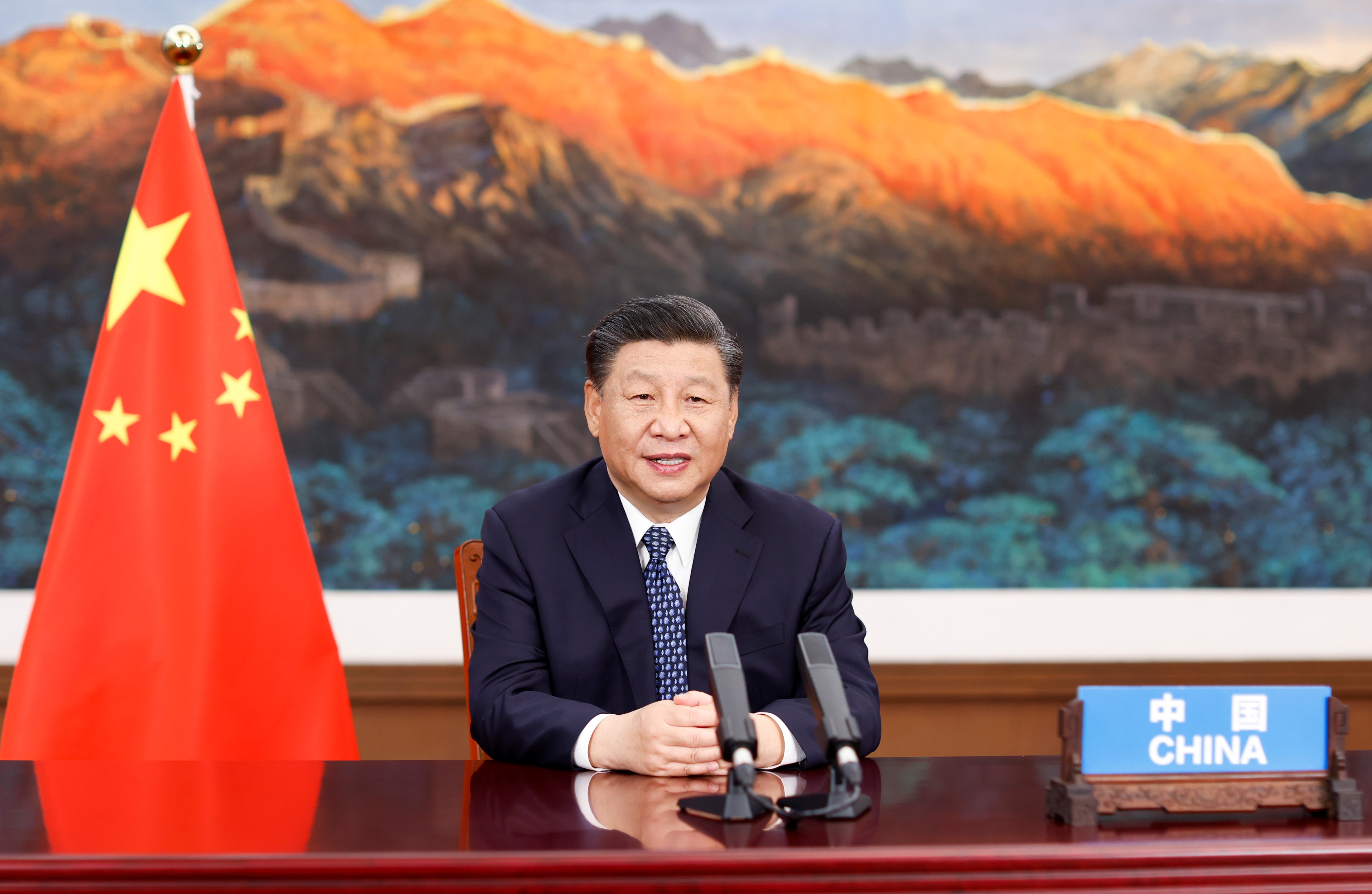 Chinese President Xi Jinping attends the Global Health Summit and delivers a speech via video in Beijing, China, May 21, 2021. 