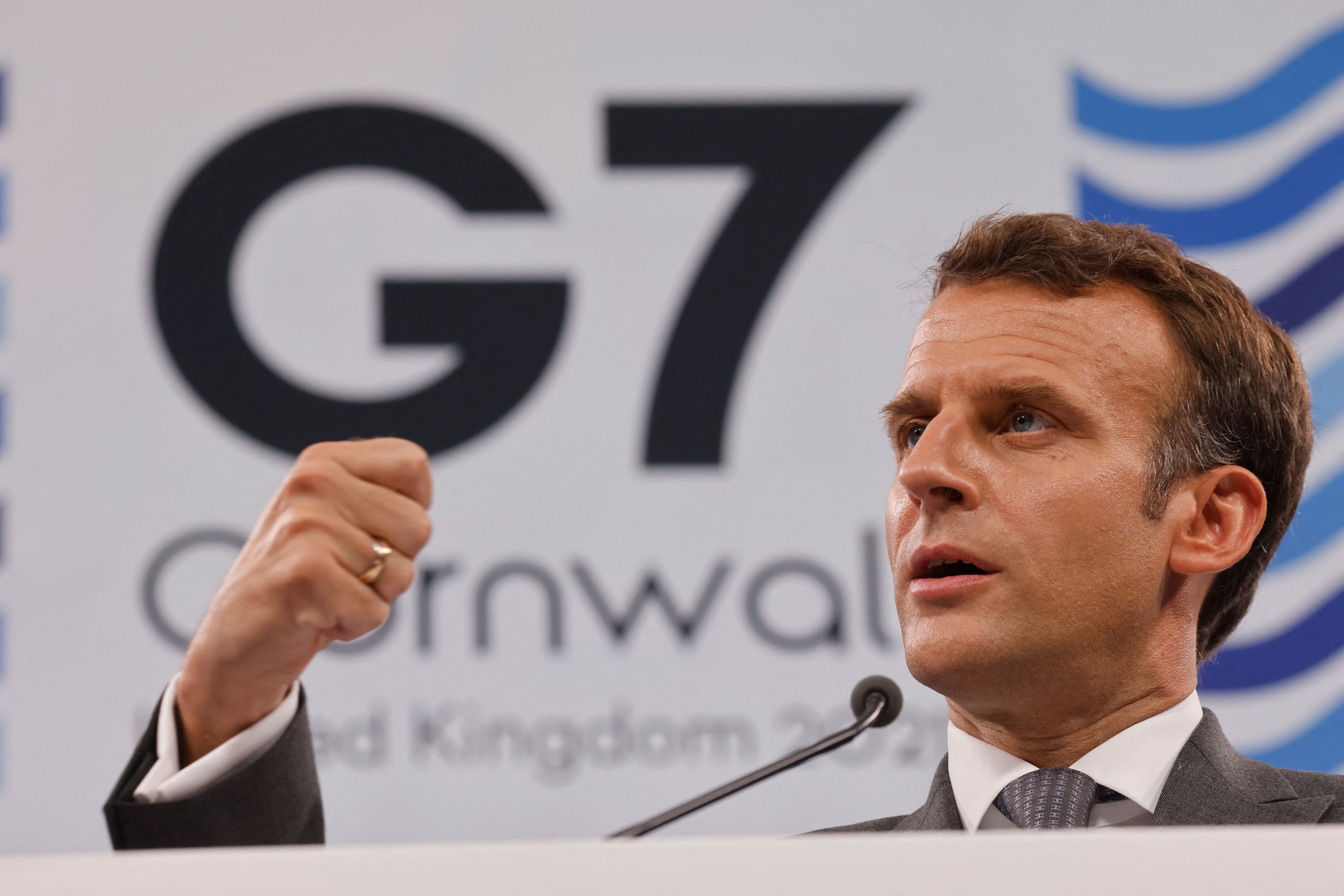 France's President Emmanuel Macron takes part in a press conference on the final day of the G7 summit in Carbis Bay, Cornwall on June 13, 2021.