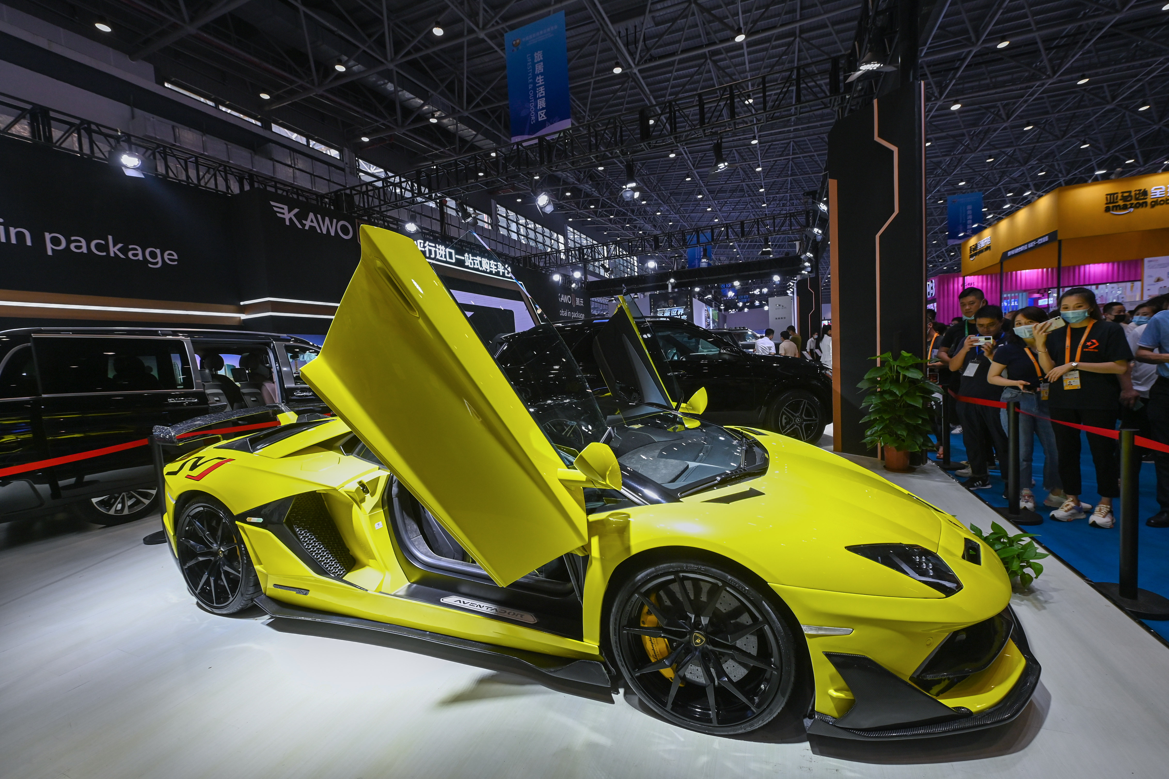 A Lamborghini car is on display at Kawo booth during the first China International Consumer Products Expo at Hainan International Convention and Exhibition Center on May 8, 2021 in Haikou, Hainan Province of China.