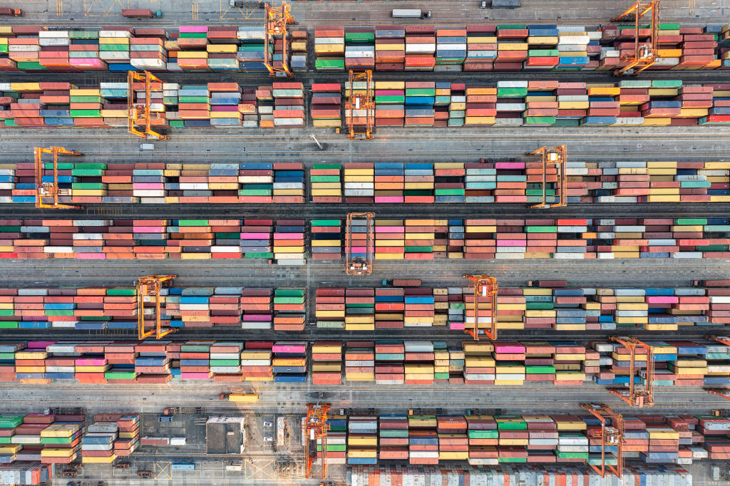 An aerial view of shipping containers at the Yantian port on Feb. 27, 2021, in Shenzhen, Guangdong province. Authorities closed the port in May to prevent a COVID-19 outbreak, and operations have yet to return to normal.
