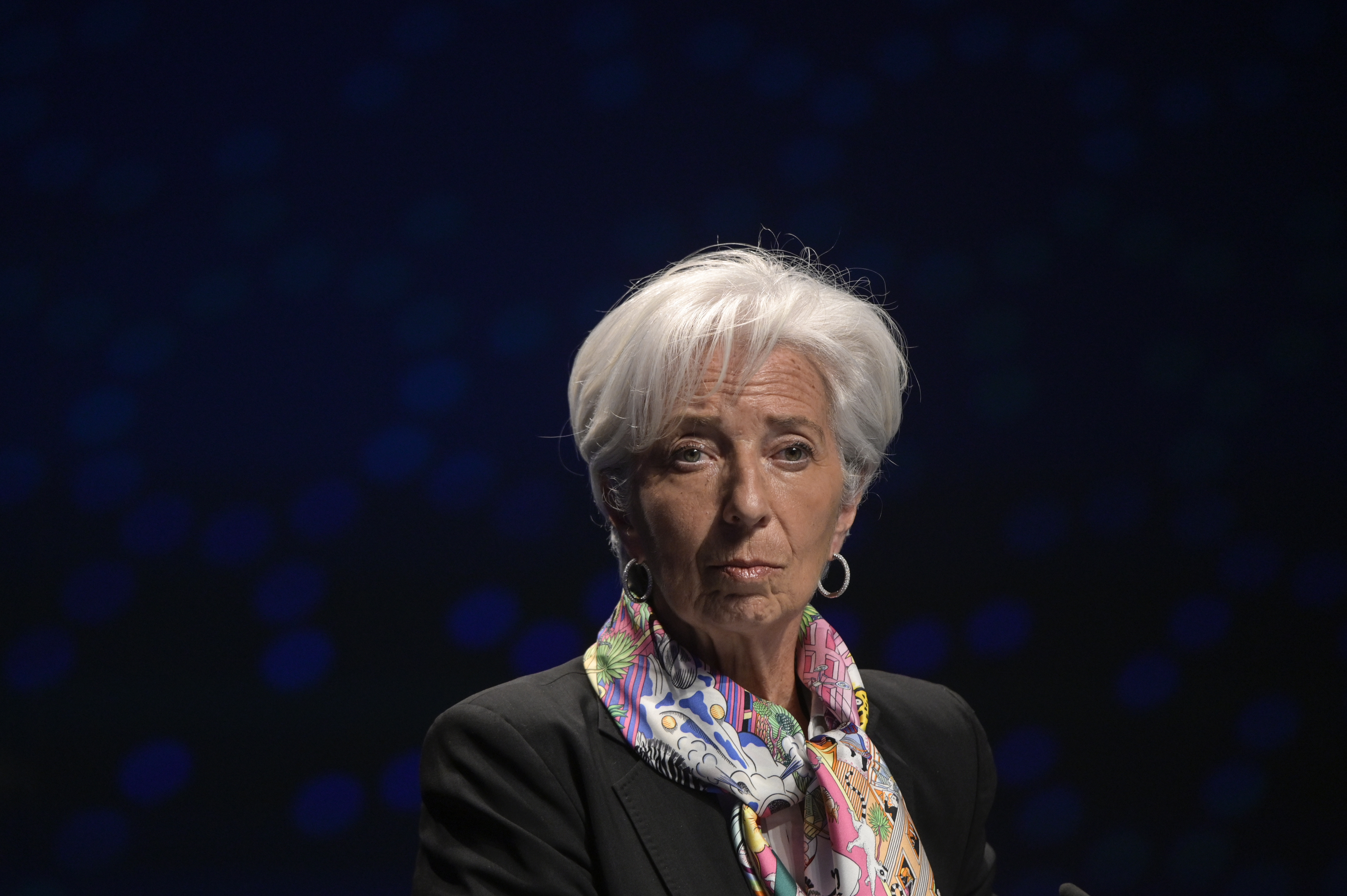 The President of the European Central Bank Christine Lagarde delivers remarks during a joint press conference held with European Commissioner for Economy Paolo Gentiloni, the Eurogrup President Paschal Donohoe and the
Director of the European Mechanism of Stability Klaus Regling at the end of the first of the informal meetings of Eurogroup and ECOFIN in Centro Cultural de Belém during the COVID-19 Coronavirus pandemic on May 21, 2021 in Lisbon, Portugal. 