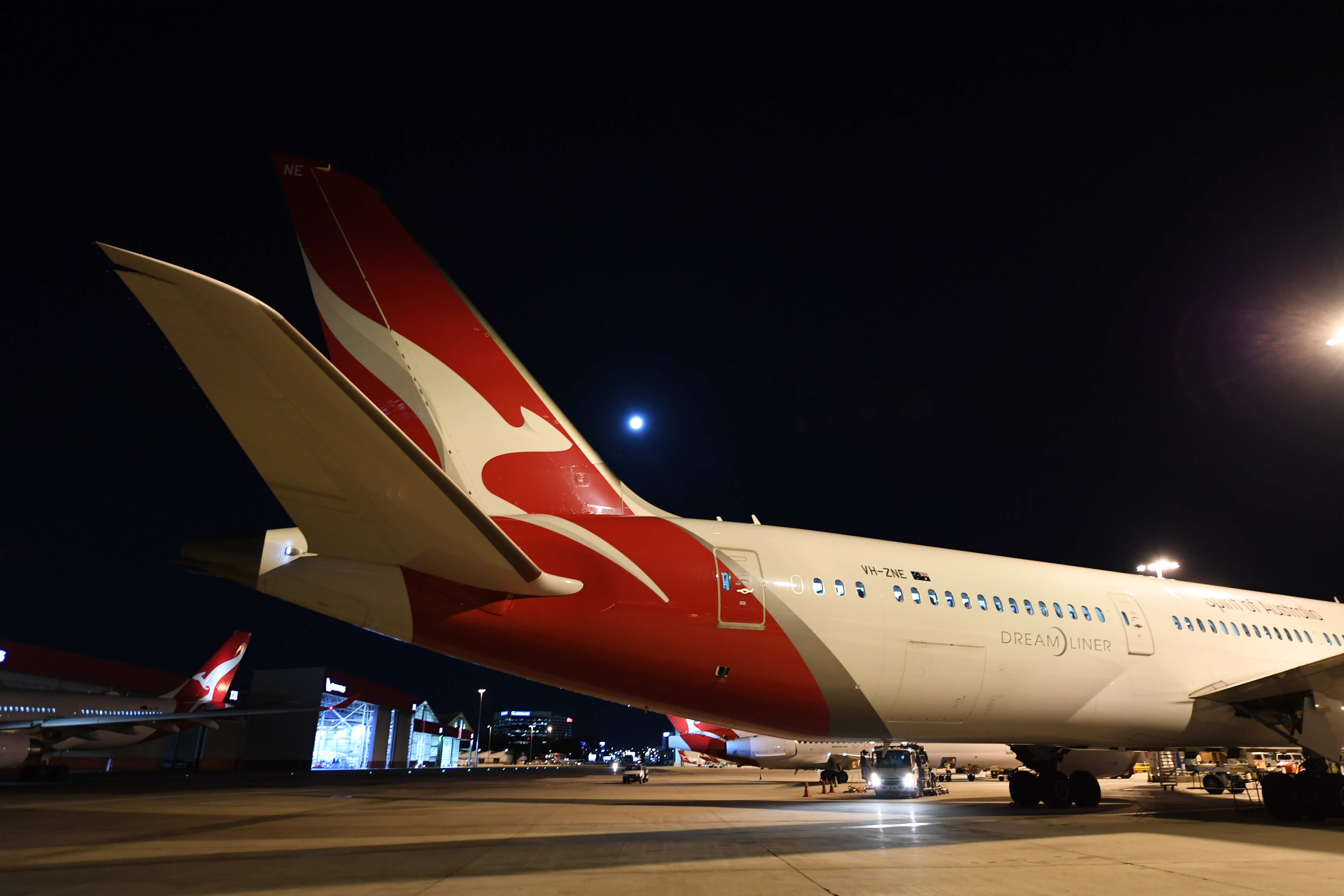 Qantas flight QF1250 prepares for pushback before the Qantas Supermoon Scenic flight on May 26, 2021 in Sydney, Australia. The airline is offering free flights in a contest for vaccinated passengers. 