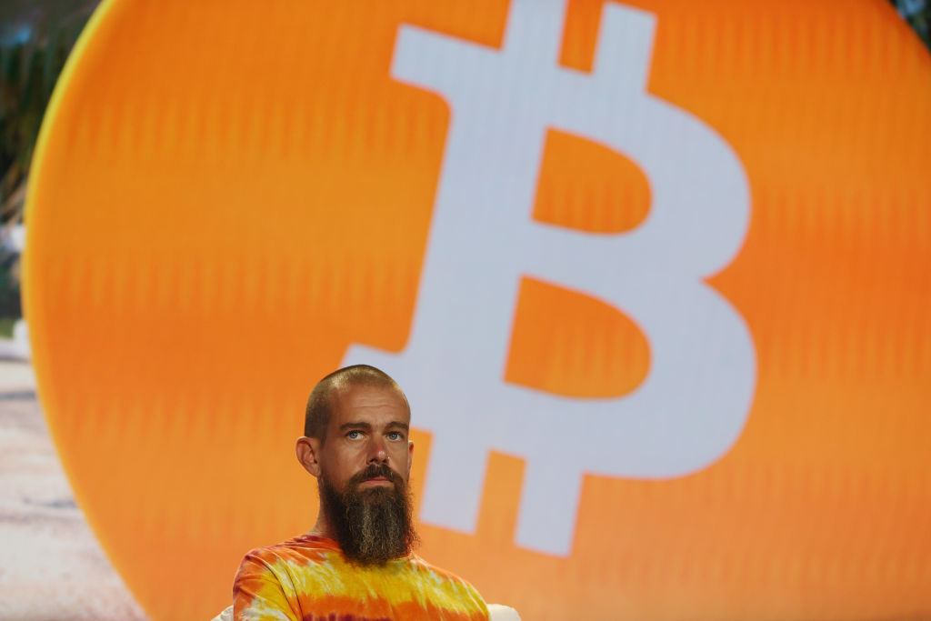 Jack Dorsey, creator, cofounder, and chairman of Twitter and cofounder and CEO of Square, speaks on stage at the Bitcoin 2021 convention, a cryptocurrency conference held at the Mana Convention Center on June 4, 2021, in Miami.