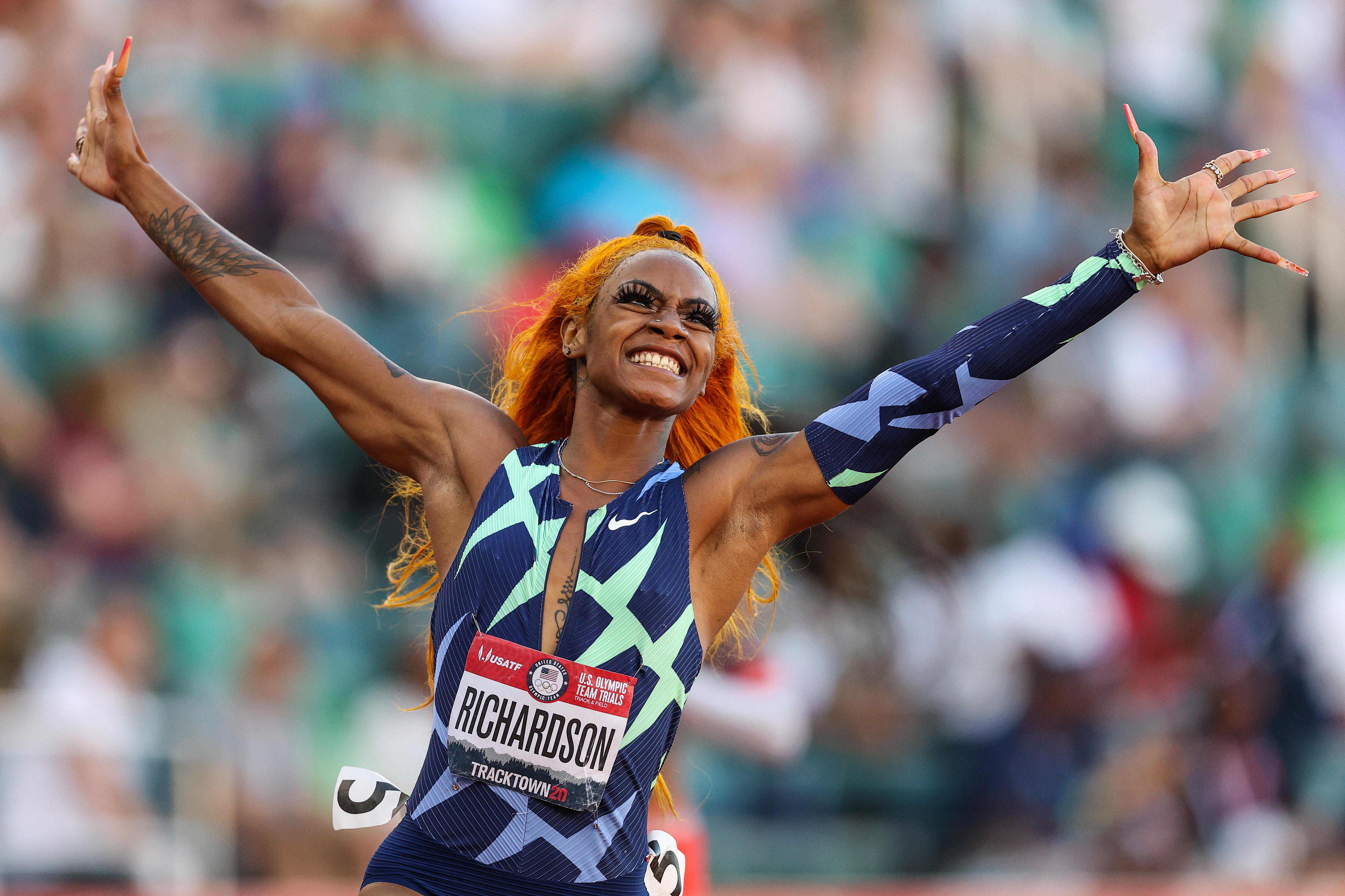 Sha'Carri Richardson pictured celebrating after winning the Women's 100 Meter final.