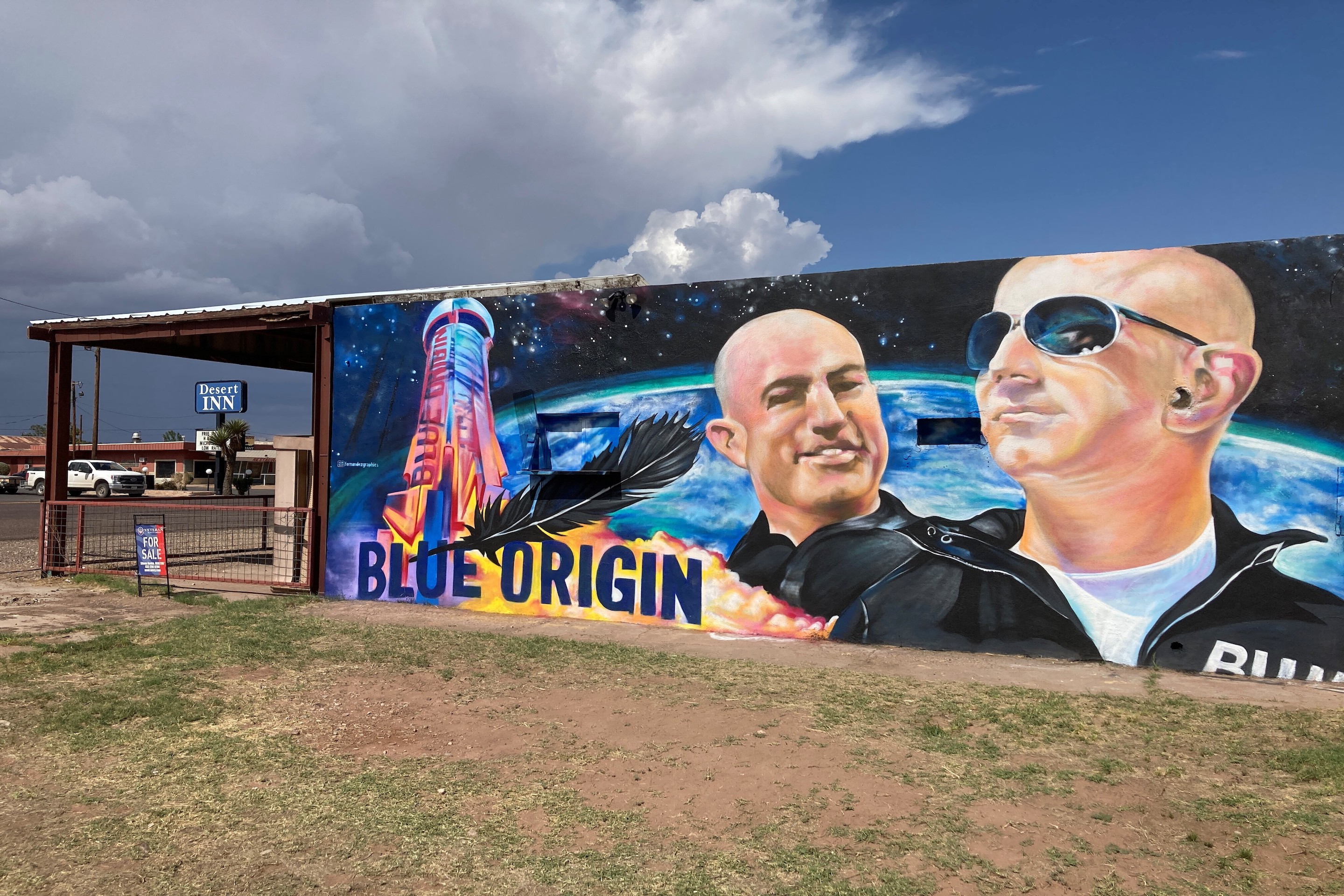 The side of a building in Van Horn, Texas, is adorned with a mural of Blue Origin founder Jeff Bezos.