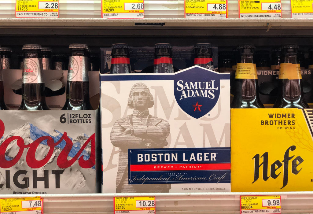 Bottles of Samuel Adams beer are displayed on a shelf at grocery store on May 10, 2019 in San Francisco, Calif. Boston Beer Company is the second largest craft brewer in the United States and the maker of Samuel Adams beer.