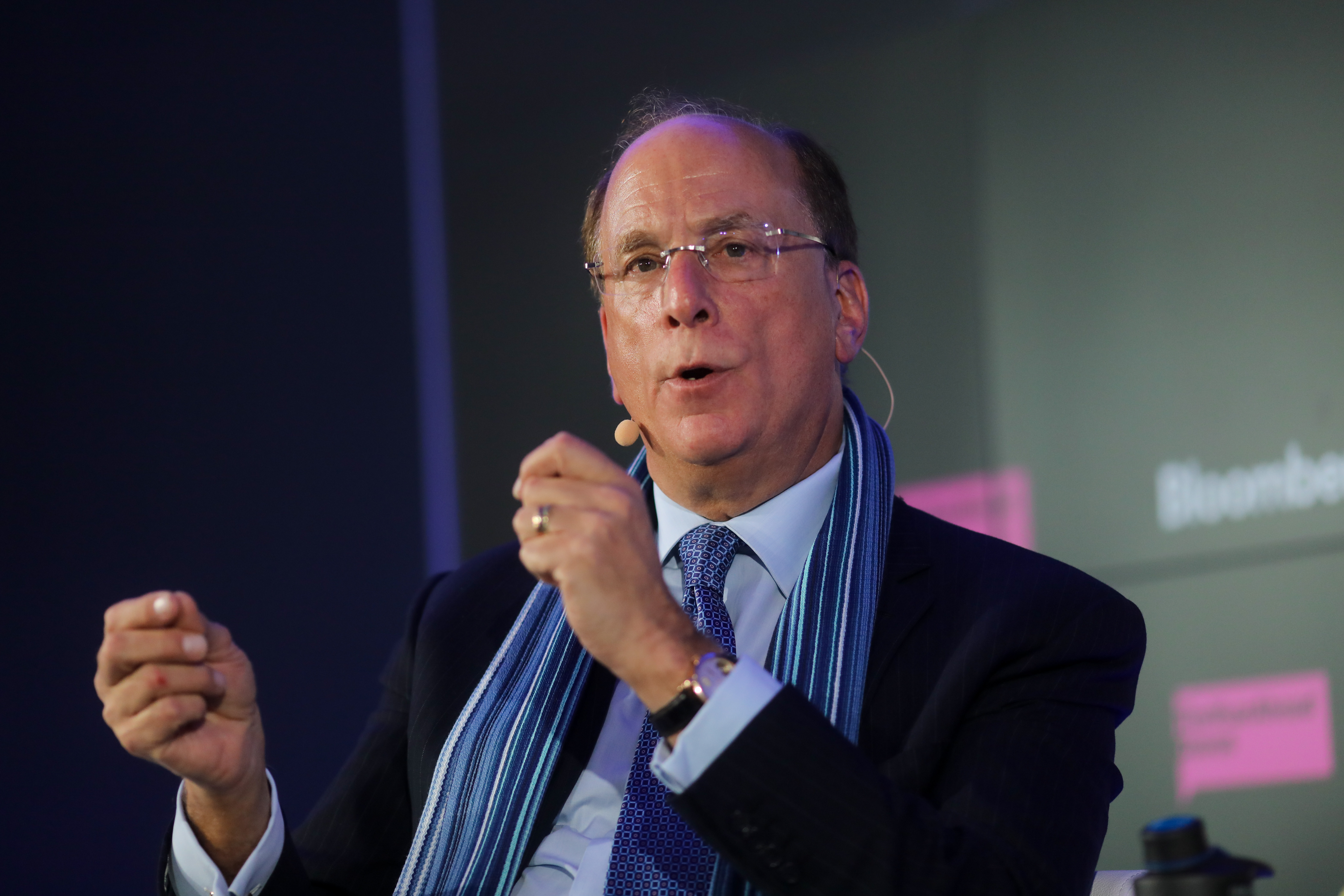 Larry Fink, CEO of BlackRock, speaks during a Bloomberg event on the opening day of the World Economic Forum (WEF) in Davos, Switzerland, on Jan. 21, 2020.