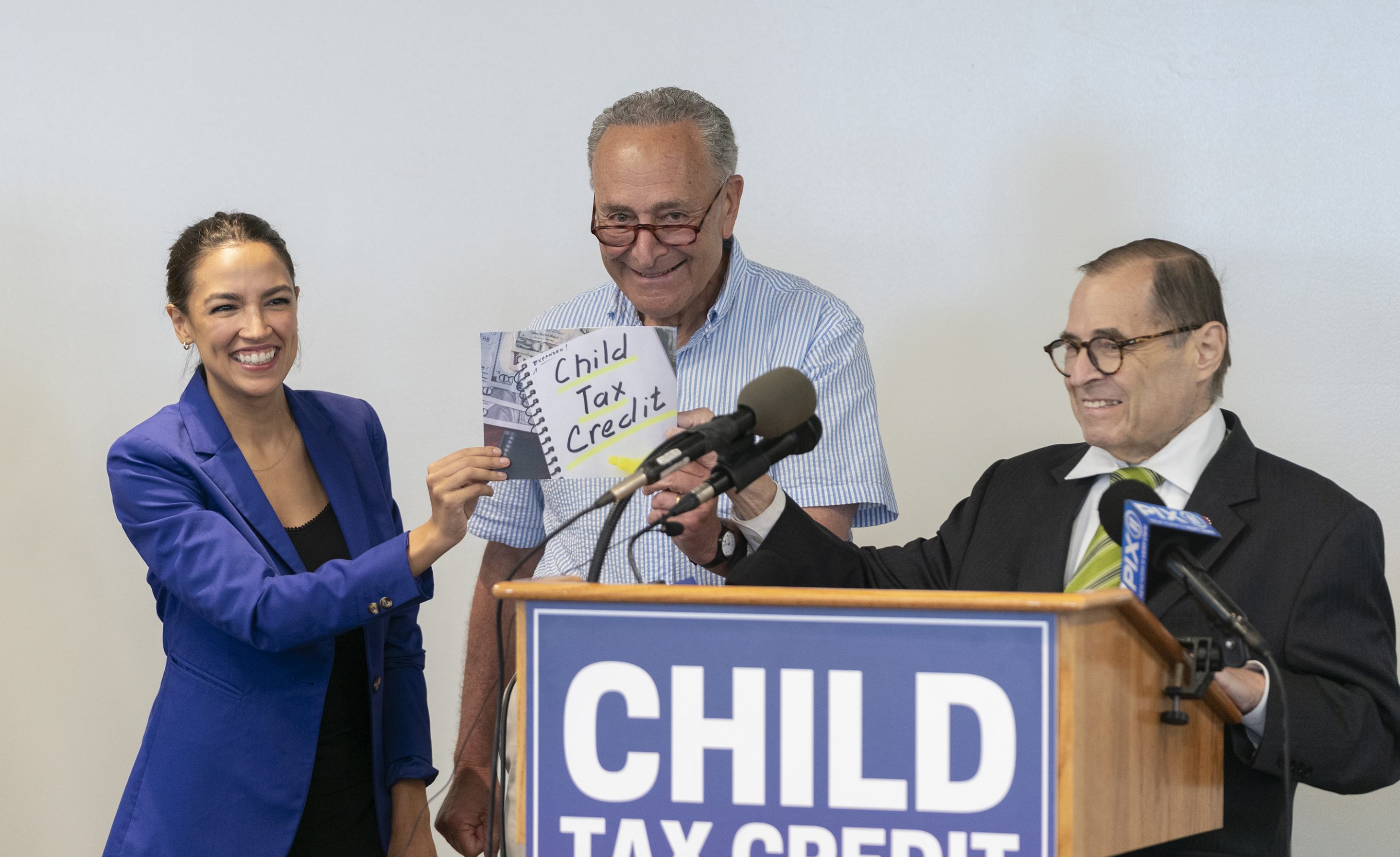 Senate Majority Leader Sen. Charles Schumer and Rep. Alexandria Ocasio-Cortez (left) and Rep. Jerry Nadler (right) during a press conference on the expanded Child Tax Credit on July 8, 2021.