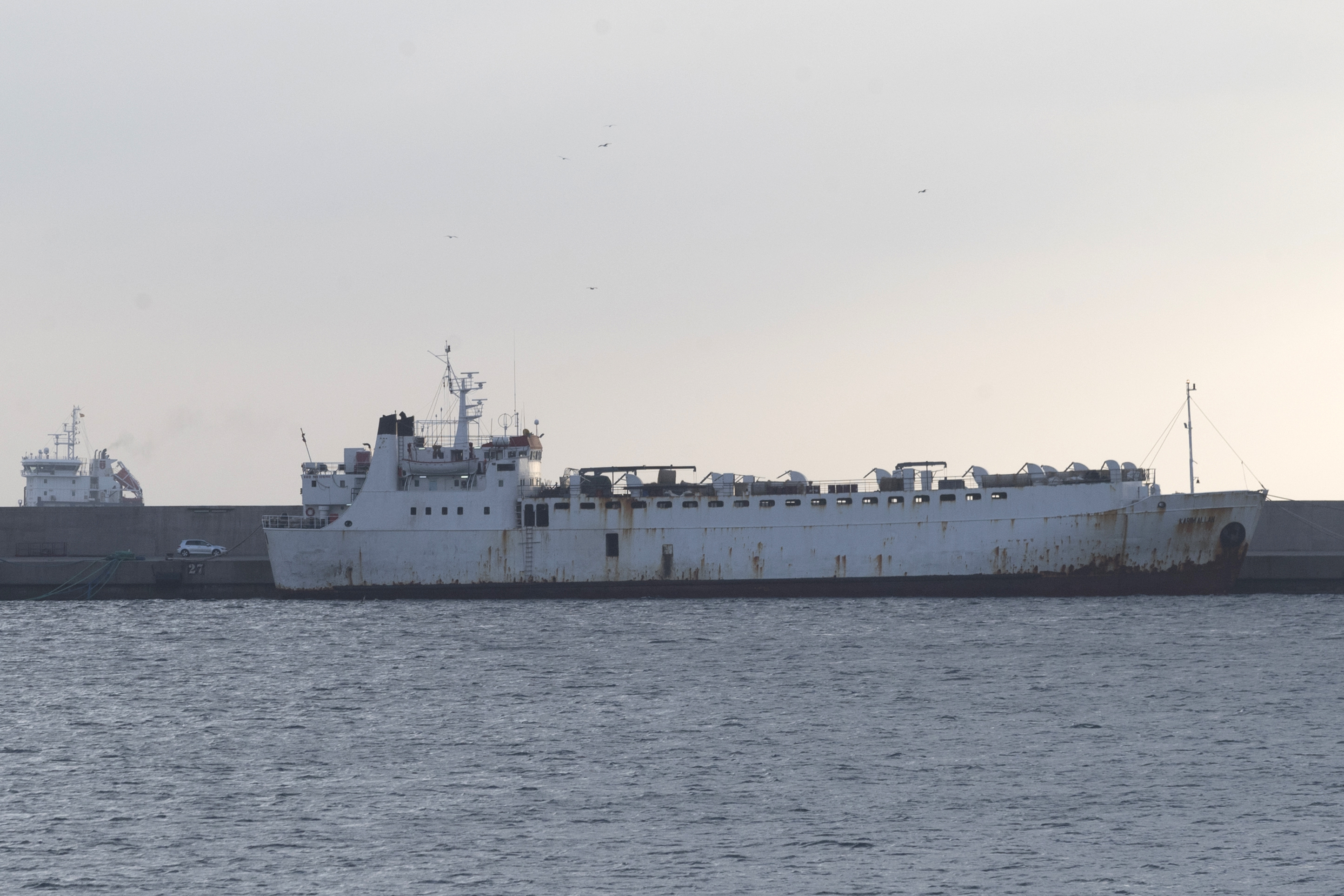 The ship Karim Allah at the dock of the port of Cartagena, Spain after two months sailing through the Mediterranean and carrying around 900 cows, after being rejected in other ports for an alleged disease in cows, on February 25, 2021.