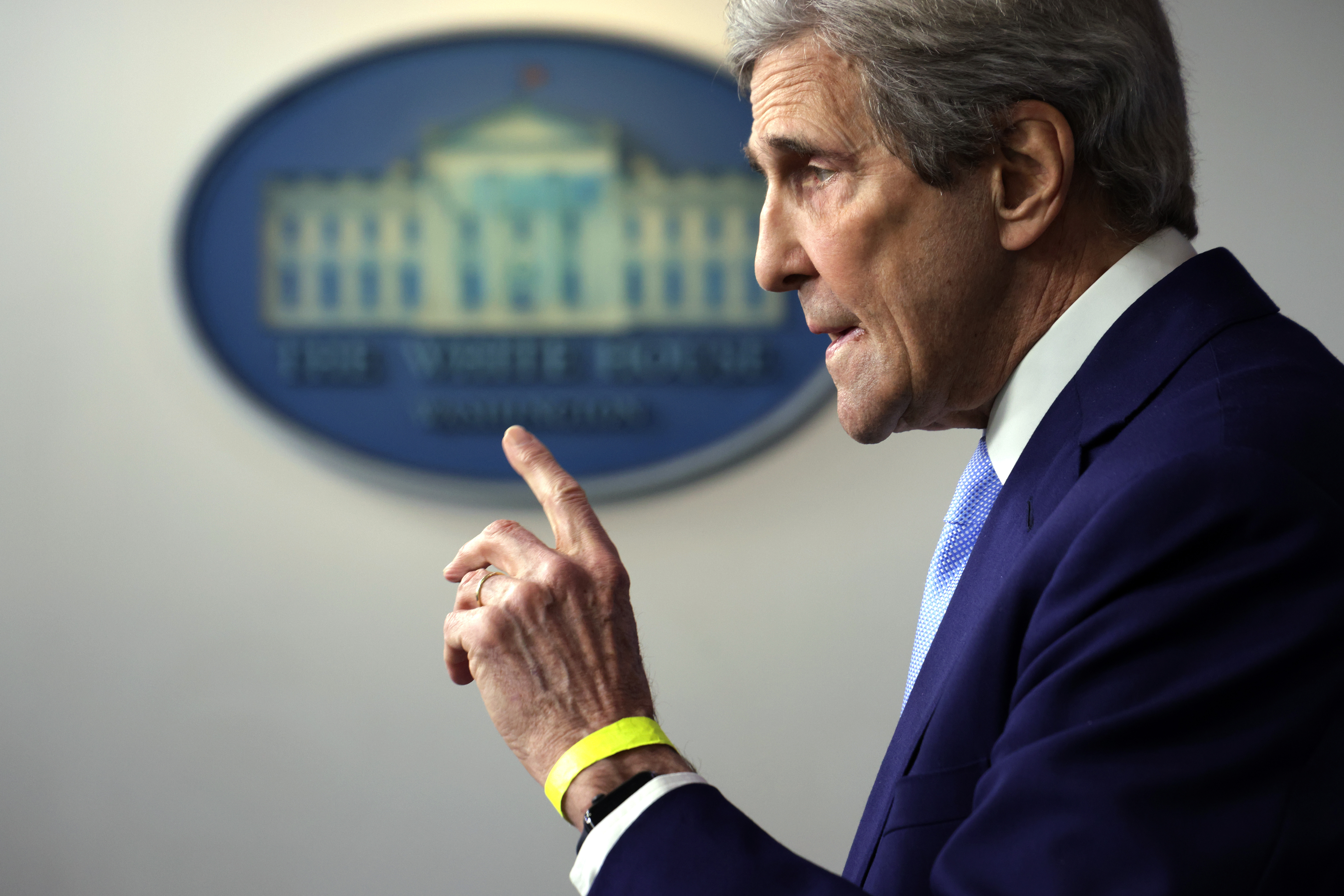 Special Presidential Envoy for Climate and former Secretary of State John Kerry speaks during a daily press briefing at the James Brady Press Briefing Room of the White House on April 22, 2021 in Washington, DC.