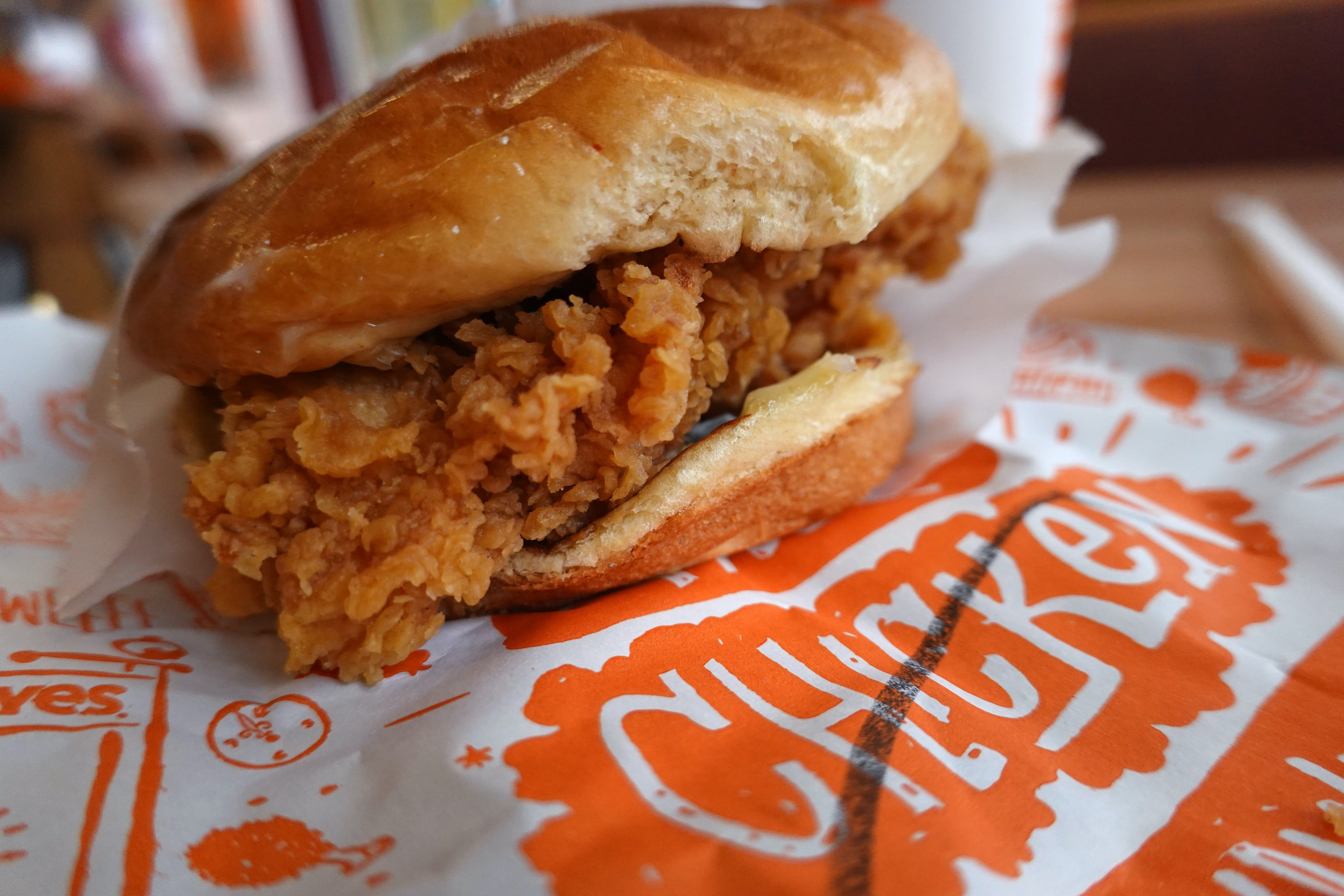 A chicken sandwich from Popeyes is shown on May 6, 2021.