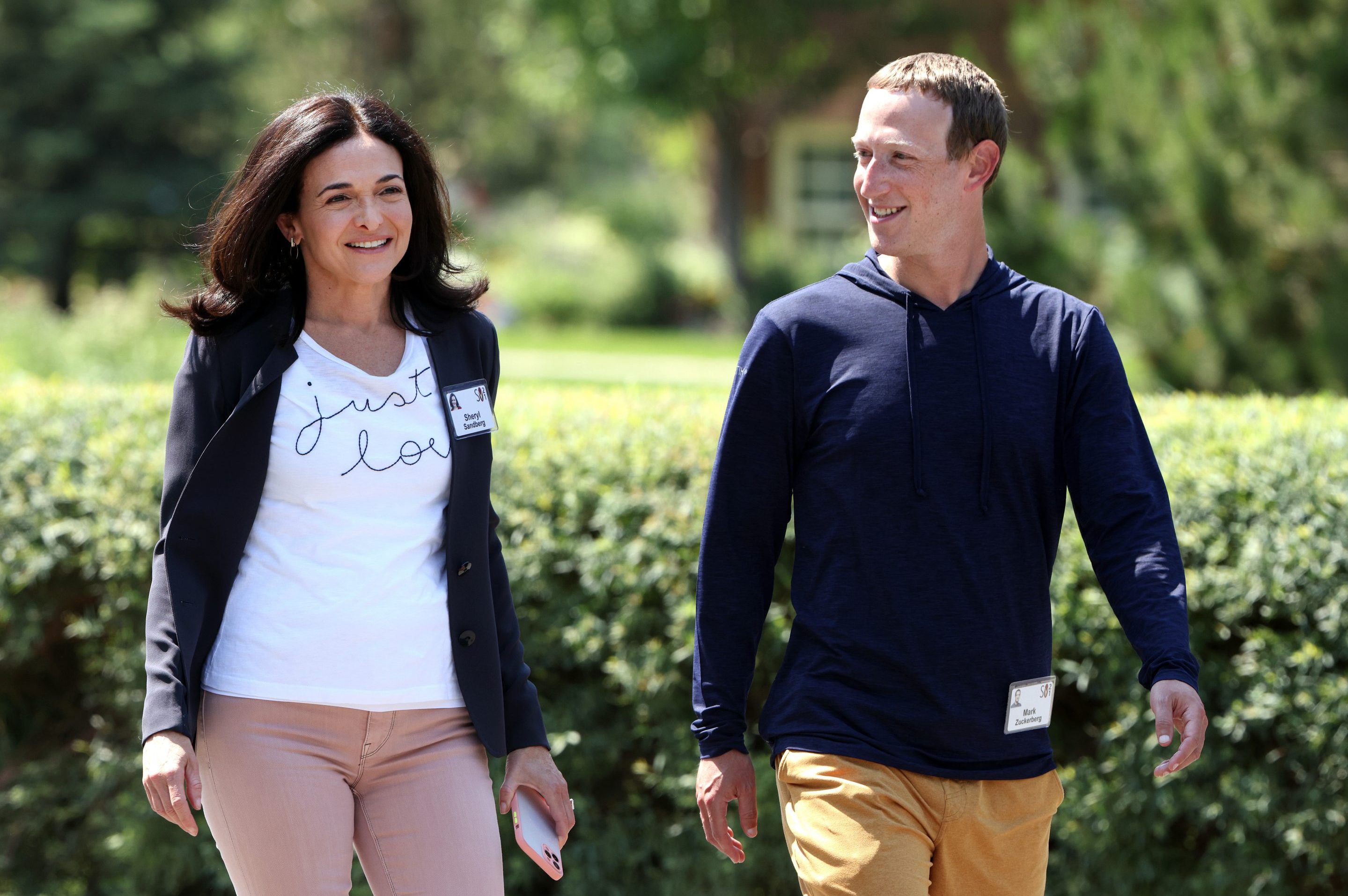 Facebook CEO Mark Zuckerberg walks with Facebook COO Sheryl Sandberg after a session at the Allen & Company Sun Valley Conference on in Sun Valley, Idaho, on July 8.