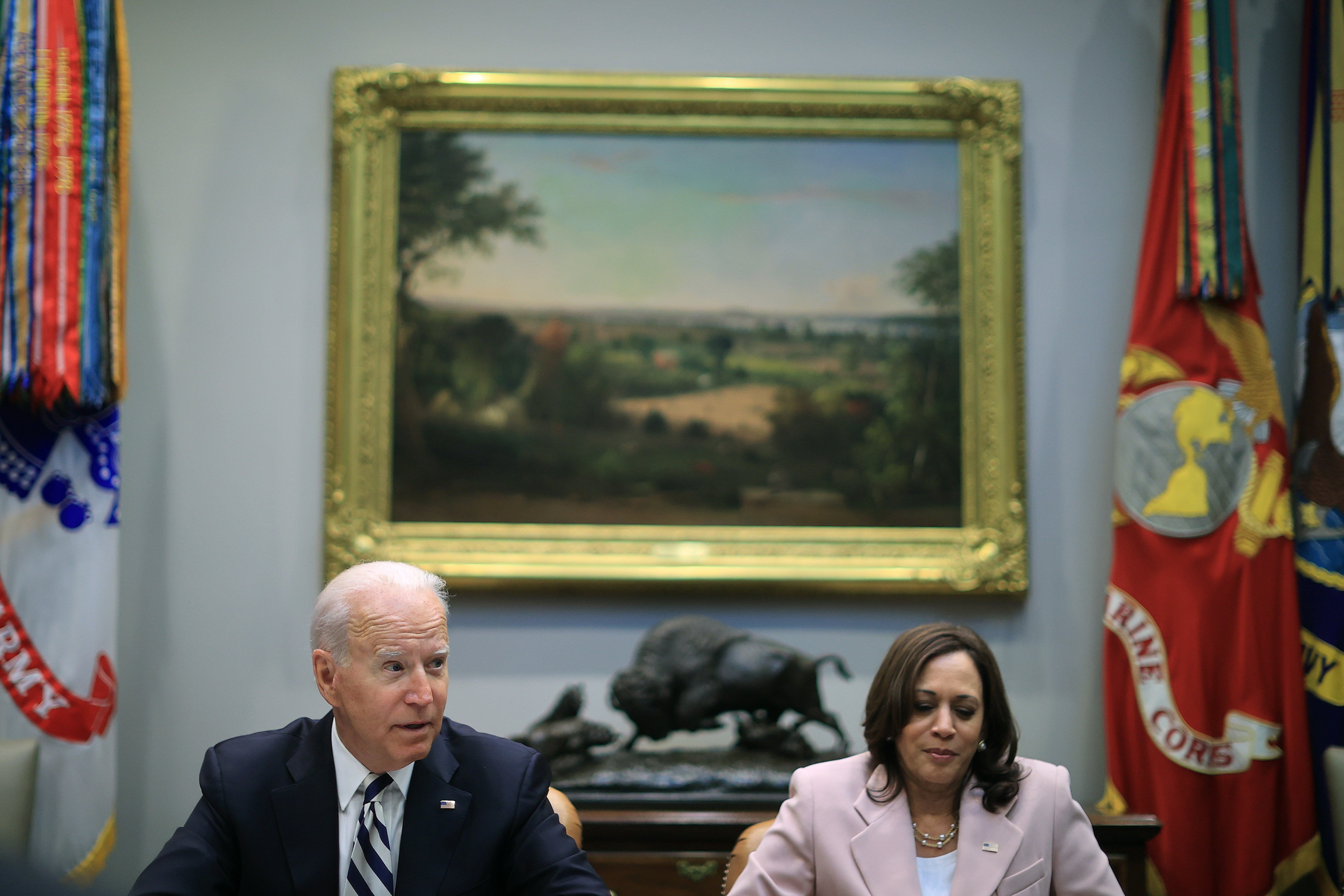 President Joe Biden and Vice President Kamala Harris meet with a bipartisan group of city and state political leaders about his proposed infrastructure plan in the Roosevelt Room at the White House on July 14, 2021 in Washington DC. 