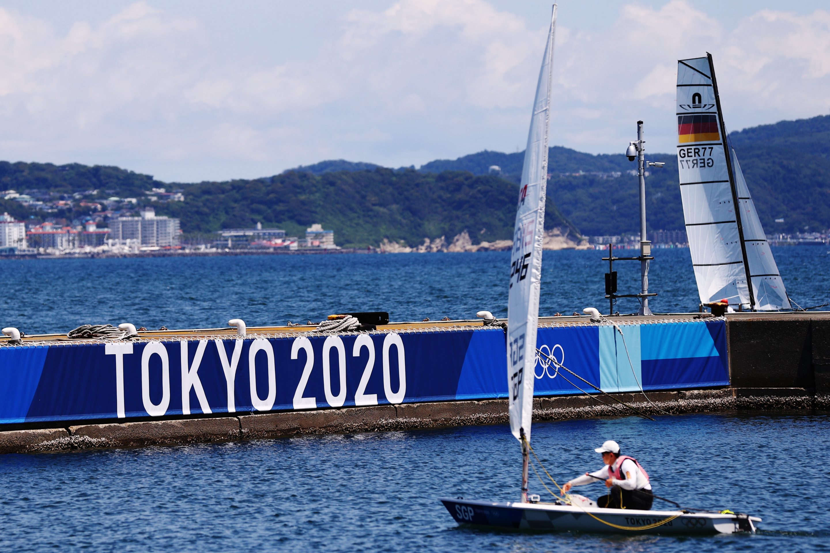 An athlete prepares for practice at Enoshima Yacht Harbour ahead of the Tokyo 2020 Olympic Games on July 20, 2021 in Fujisawa, Kanagawa, Japan.
