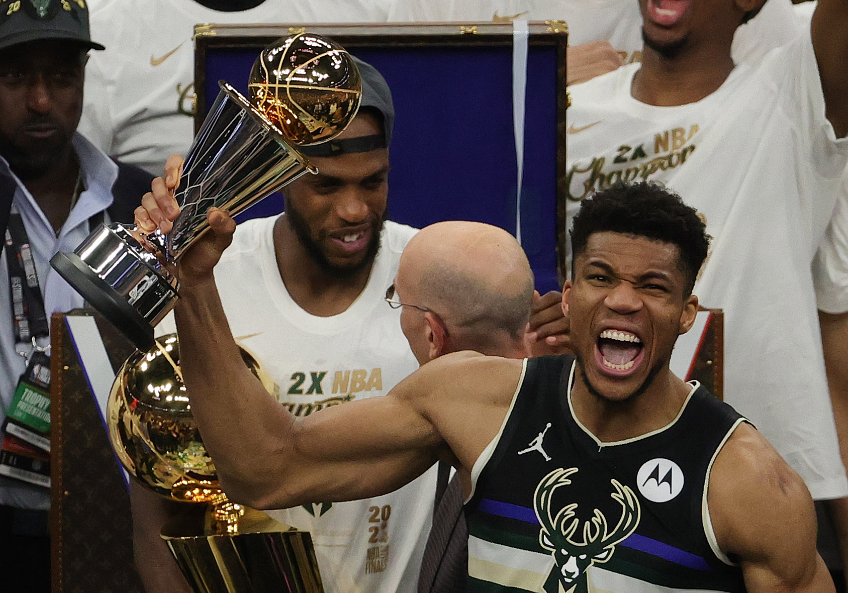 Giannis Antetokounmpo of the Milwaukee Bucks celebrates winning the NBA Finals MVP Award after defeating the Phoenix Suns in Game Six to win the 2021 NBA Finals on July 20, 2021 in Milwaukee, Wisconsin. 
